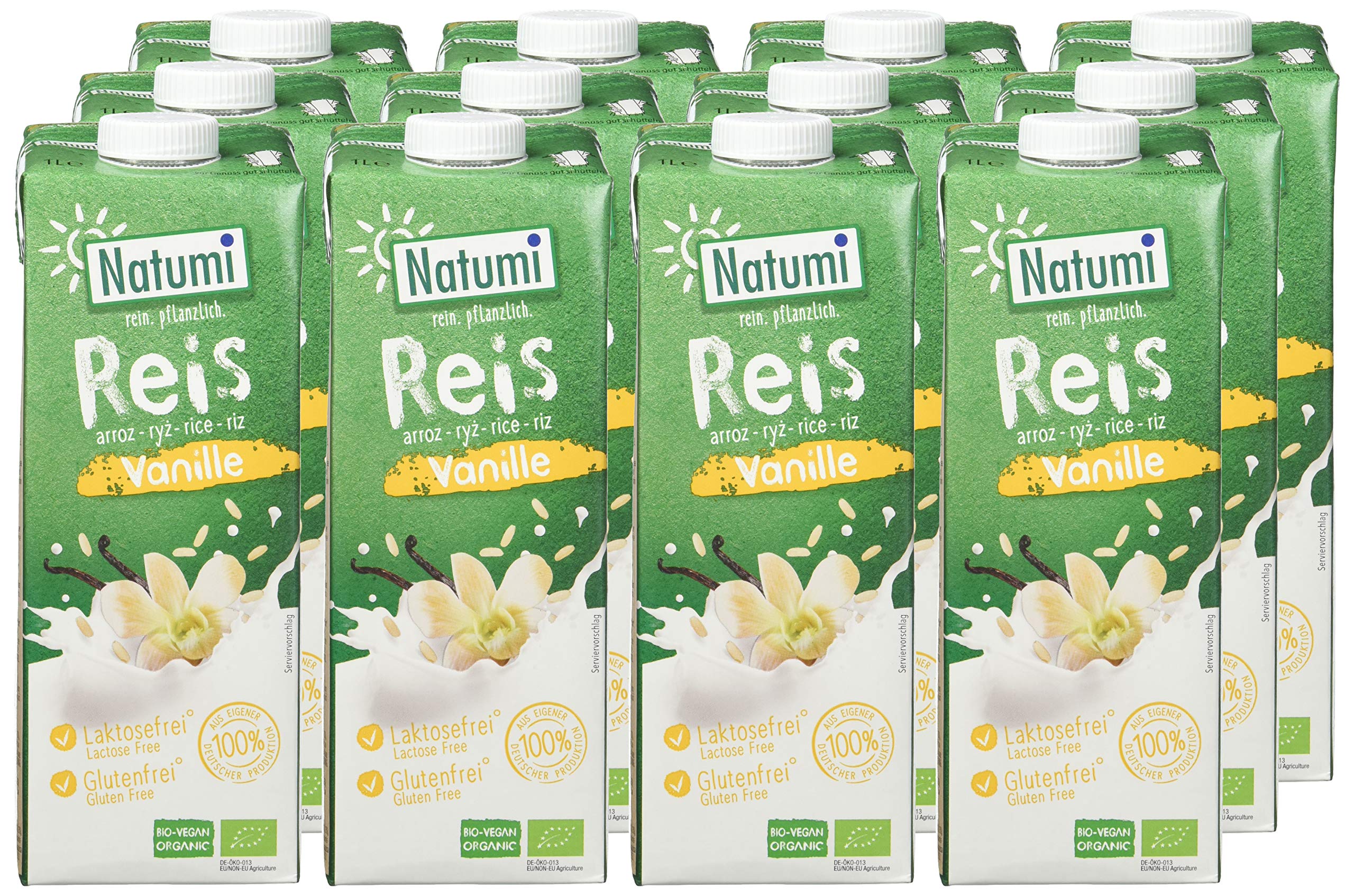Natumi Bio Reisdrink Vanille, 12 x 1L - Laktosefrei, Glutenfrei, Ohne Zuckerzusatz, Vegan, Milchfreie, Milchfreie Alternative