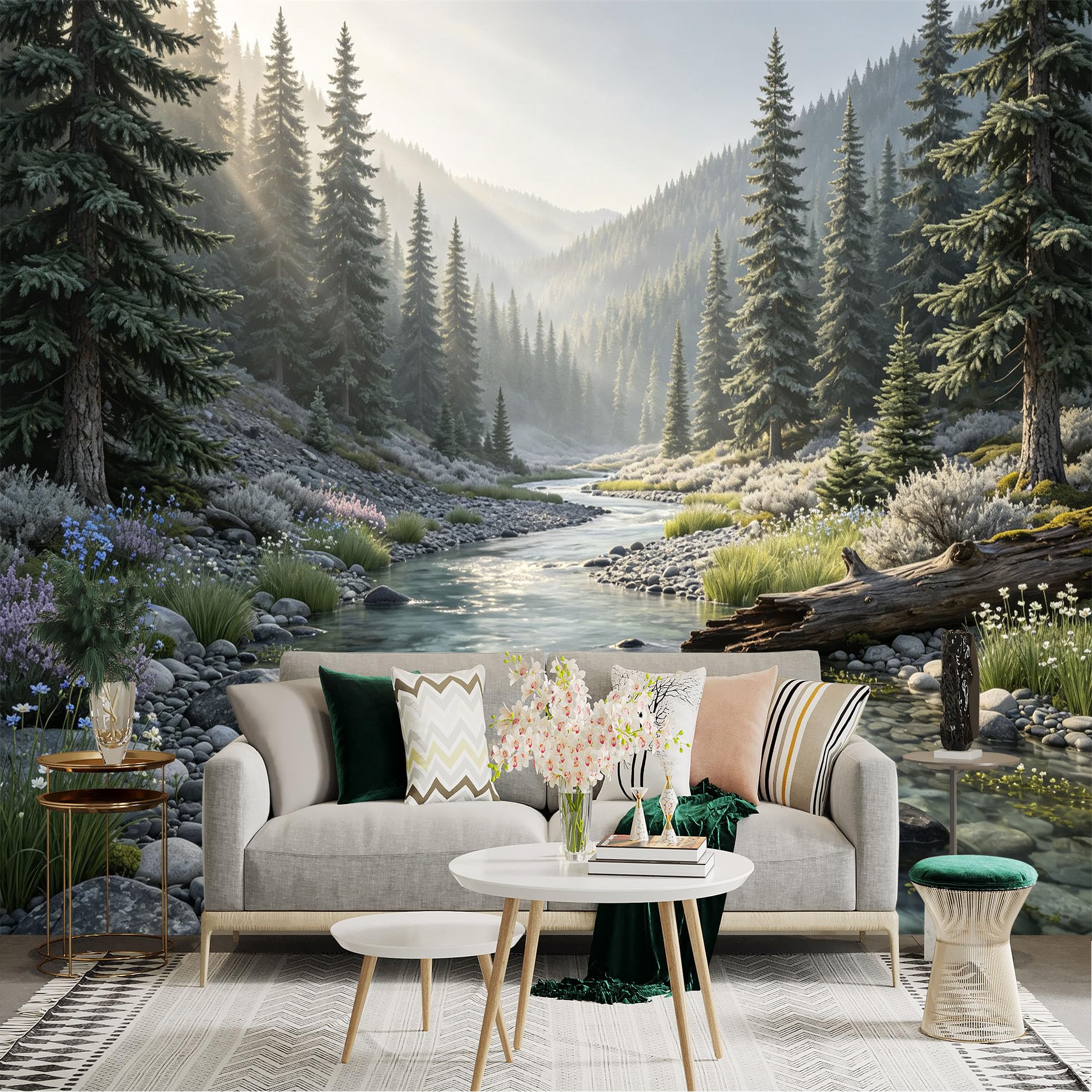 Lnzczhyre Bh260719204 Custom Size Wall Sticker Mural， Misty Mountain Stream， Evergreen Forest Scenery， Sunlight Through Trees， Nature Landscape， For Wall Decoration， Peelandstick Wall Decals.