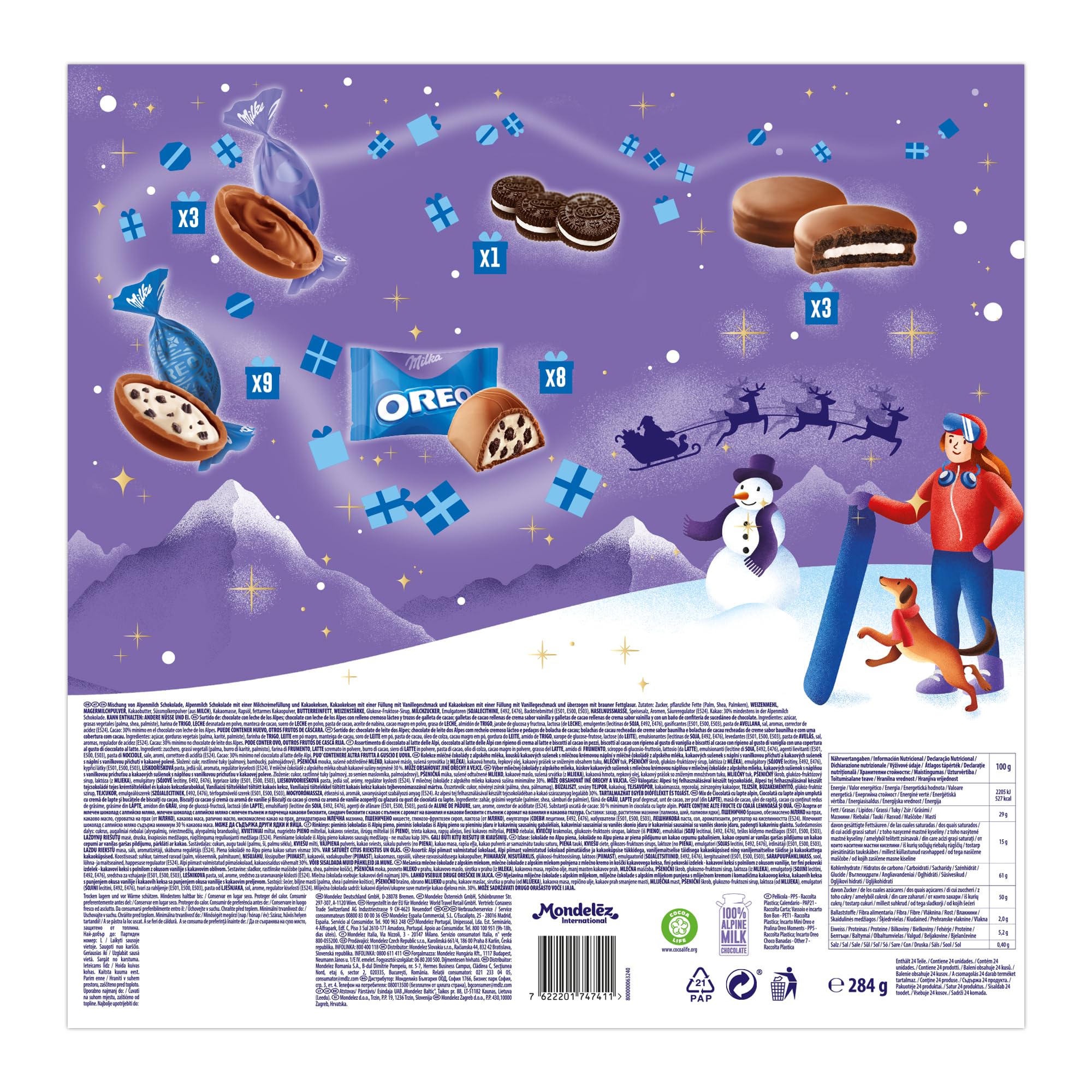 Milka Oreo Calendario de Adviento Chocolate con Leche de los Alpes y Galletas de Cacao 284 g