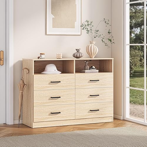 Miniatura 2 de Bigbiglife Cómoda de madera para dormitorio, cómoda de 6 cajones con almacenamiento semiabierto, doble cómoda para sala de estar, entrada, roble
