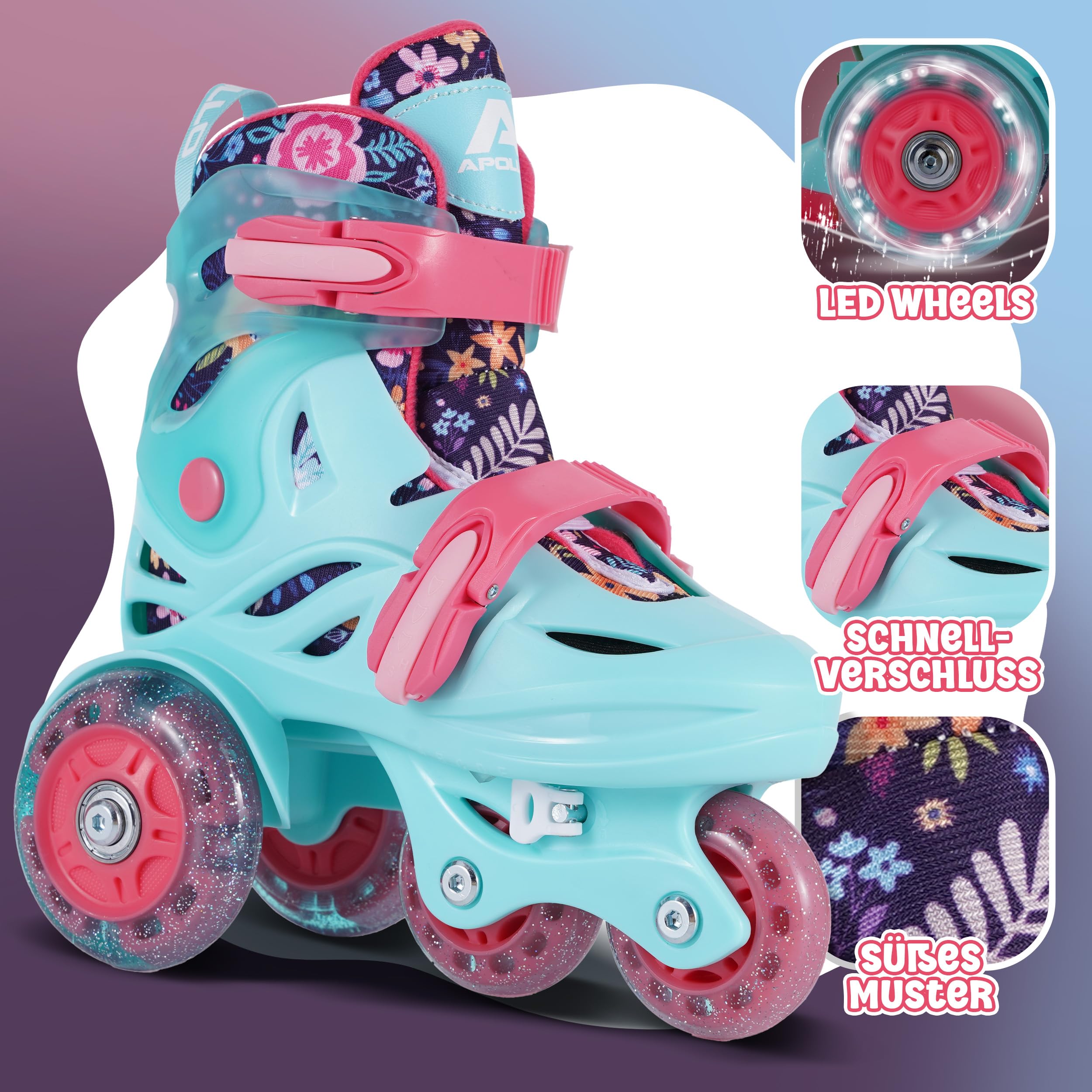 Apollo Kids My 1st Skates Adjustable - verstellbare Rollschuhe für Kinder, Größe 26-30, Roller Skates für Mädchen und Jungen, ideal für Anfänger, Trainings-Rollschuhe mit Doppelbremse