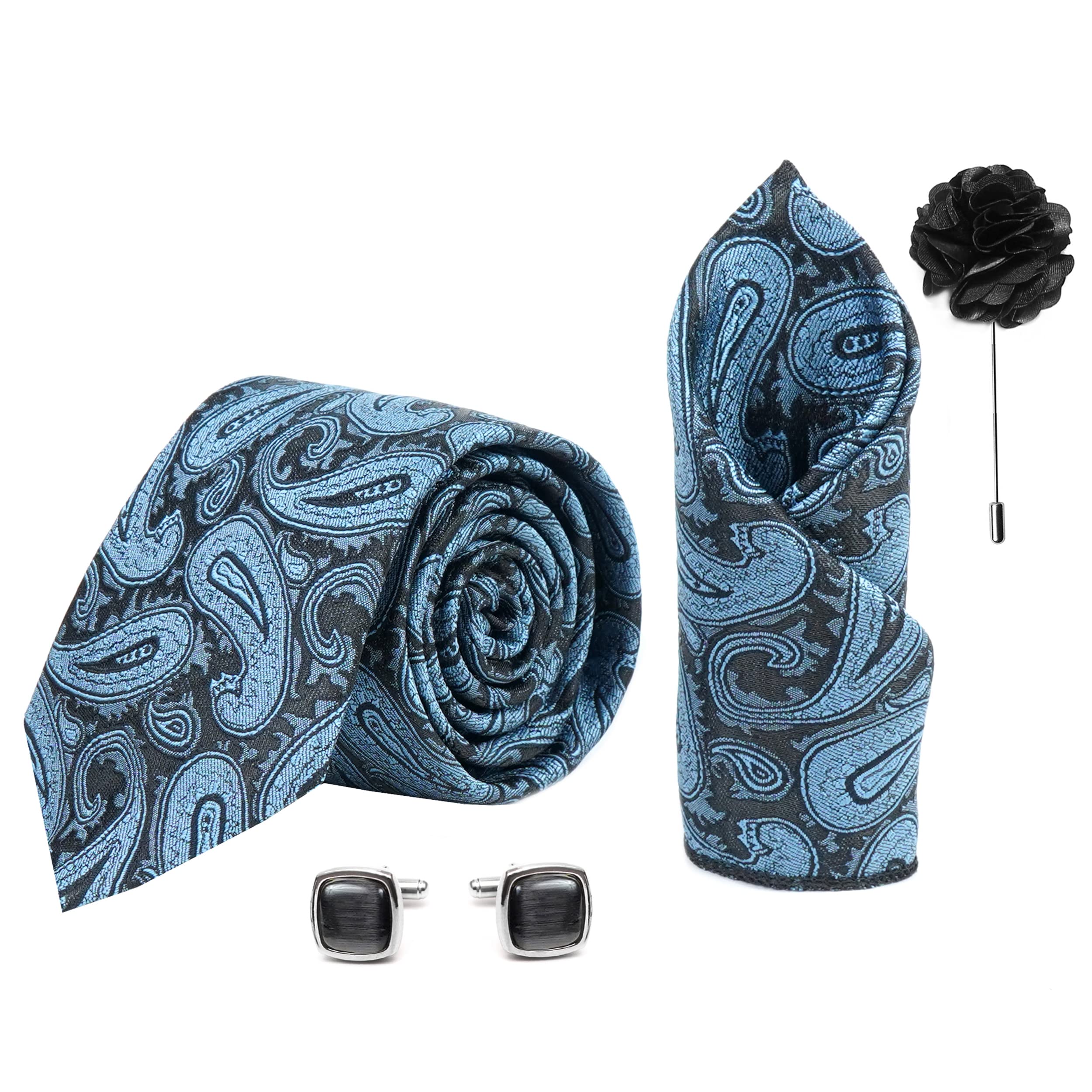 axlon Mens Plaid Micro Self Silk Necktie Gift Set With Pocket Square Cufflinks & Brooch Pin Tie for Men Formal Tie Set with Box (Pack of 4) (Black, 2022AX_2)-picture-13