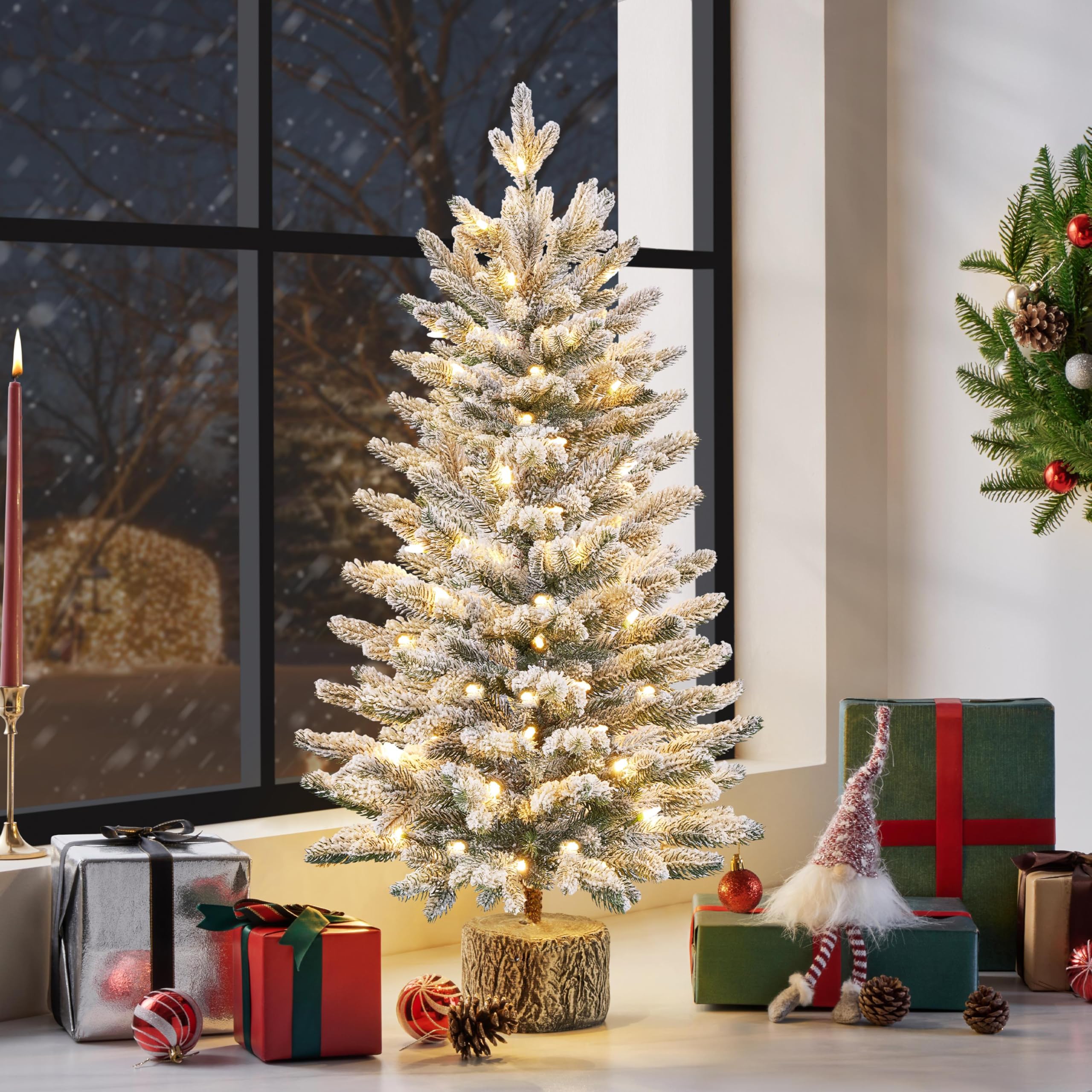 Yaheetech 92 cm Mini Künstlicher Weihnachtsbaum mit Schnee, Eingetopfter Tannenbaum mit 50 LEDs in Warmweiß und 355 Spitzen, Schneebedeckter Beflockter Kleiner Christbaum