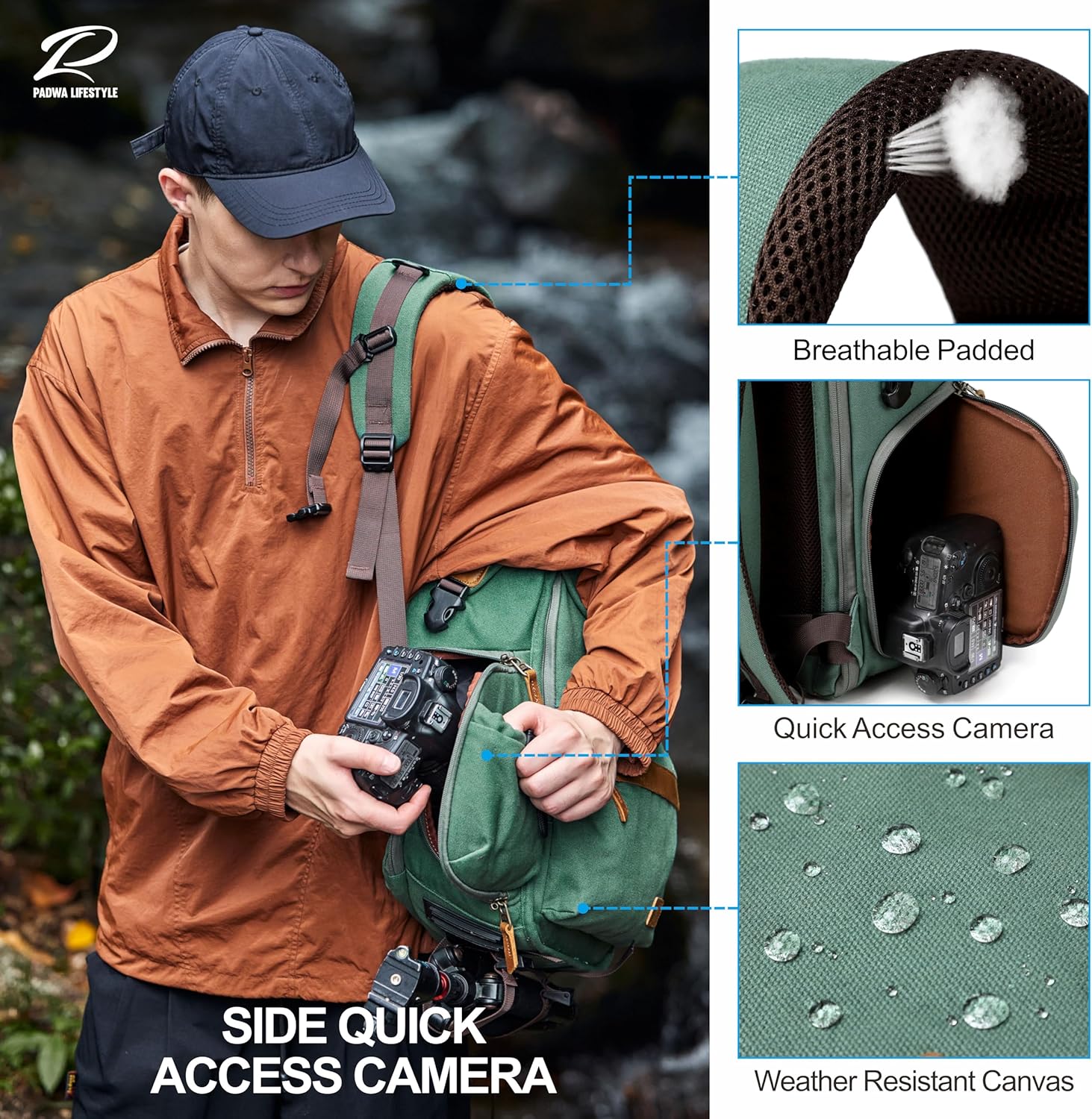 Padwa Lifestyle Green Camera Backpack - Professional DSLR & UAV Camera Bag,Anti Theft Canvas Camera Backpacks with Rain Cover,Large Capacity Photography Travel Camera Bag with Multi Compartments