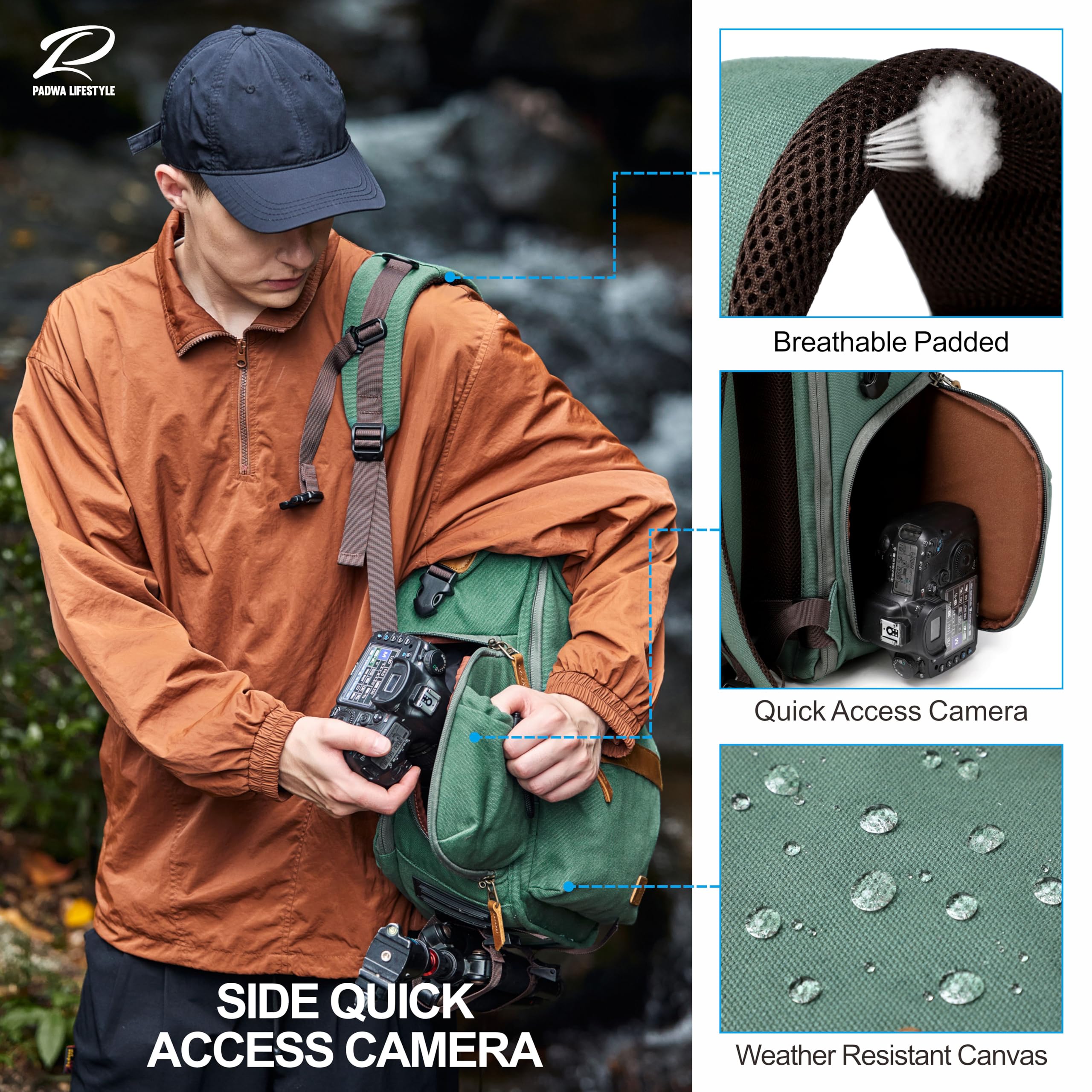 Padwa Lifestyle Kamerarucksack - Gewachstem Memory Canvas Kamerarucksack mit 16“ Laptop-/Objektivfach und Stativfach für Fotografen