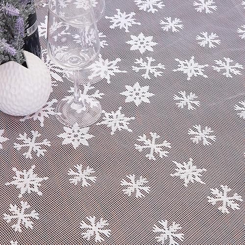 Miniatura 5 de mookaitedeocr - Mantel de encaje de poliéster de 69 a 70 pulgadas, cubierta de mesa redonda de copos de nieve blancos para Navidad, Acción de