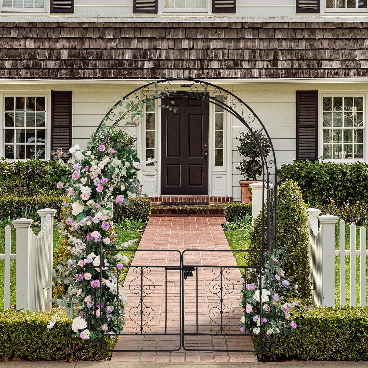 7FT Heavy Duty Metal Garden Arch with Gate, Decorative Trellis Arbor with 7" Ground Stakes for Climbing Plants, Roses, Vines, Wedding Ceremony, Party, Patio, Lawn, Black