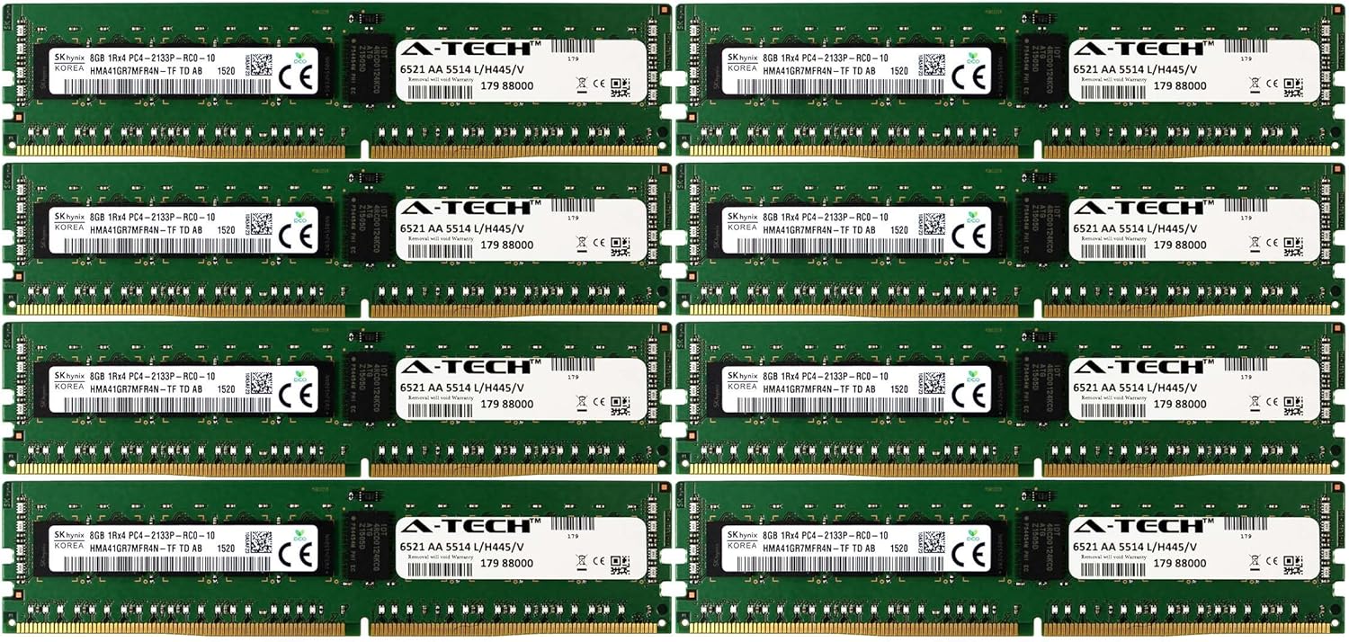 A-Tech Hynix IC DDR4 64GB Kit 8X 8GB 1Rx4 PC4-17000 2133MHz for Dell PowerEdge R730xd R730 R630 T630 R430 R530 C4130 H8PGNC Memory RAM
