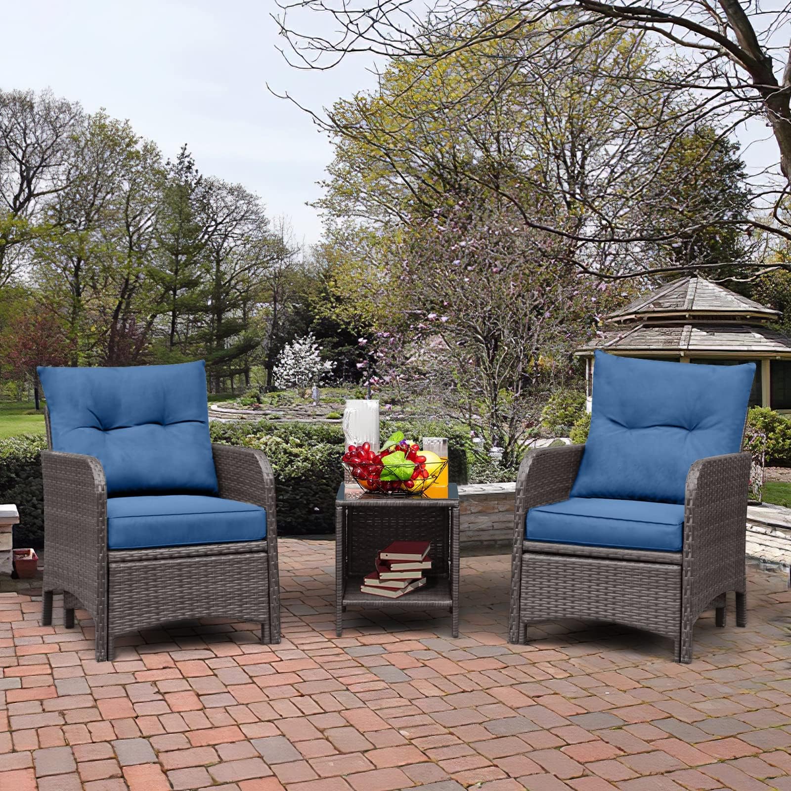 SoarFlash5 Pieces Patio Conversation Set, PE Rattan Bistro Set Wicker Outdoor Furniture Sofa Set with Glass Tabletop for Lawn Garden Backyard Porch, Blue