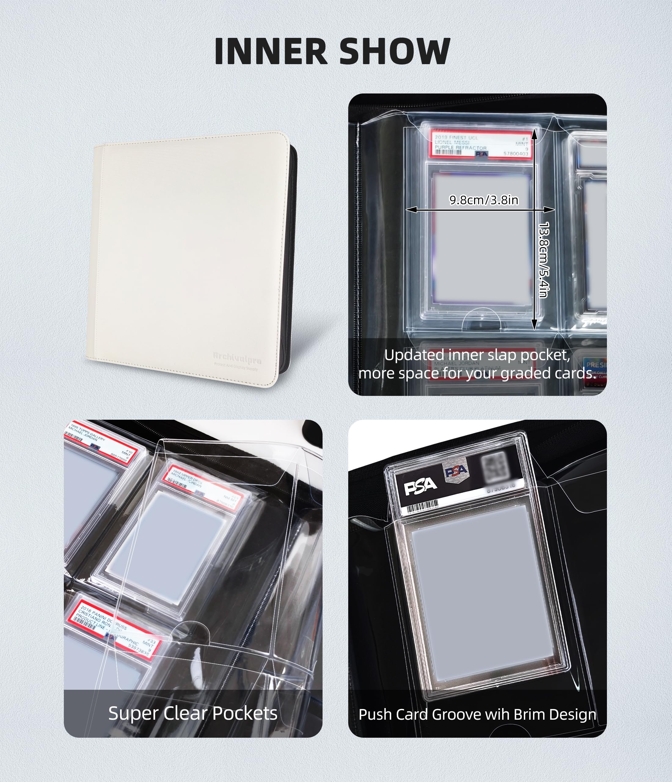 Carpeta de cartón de 60 grados de alta calidad, estilo comercial, álbum de tarjetas coleccionables compatible con PSA (blanco, 6 ranuras/páginas, 10 páginas)