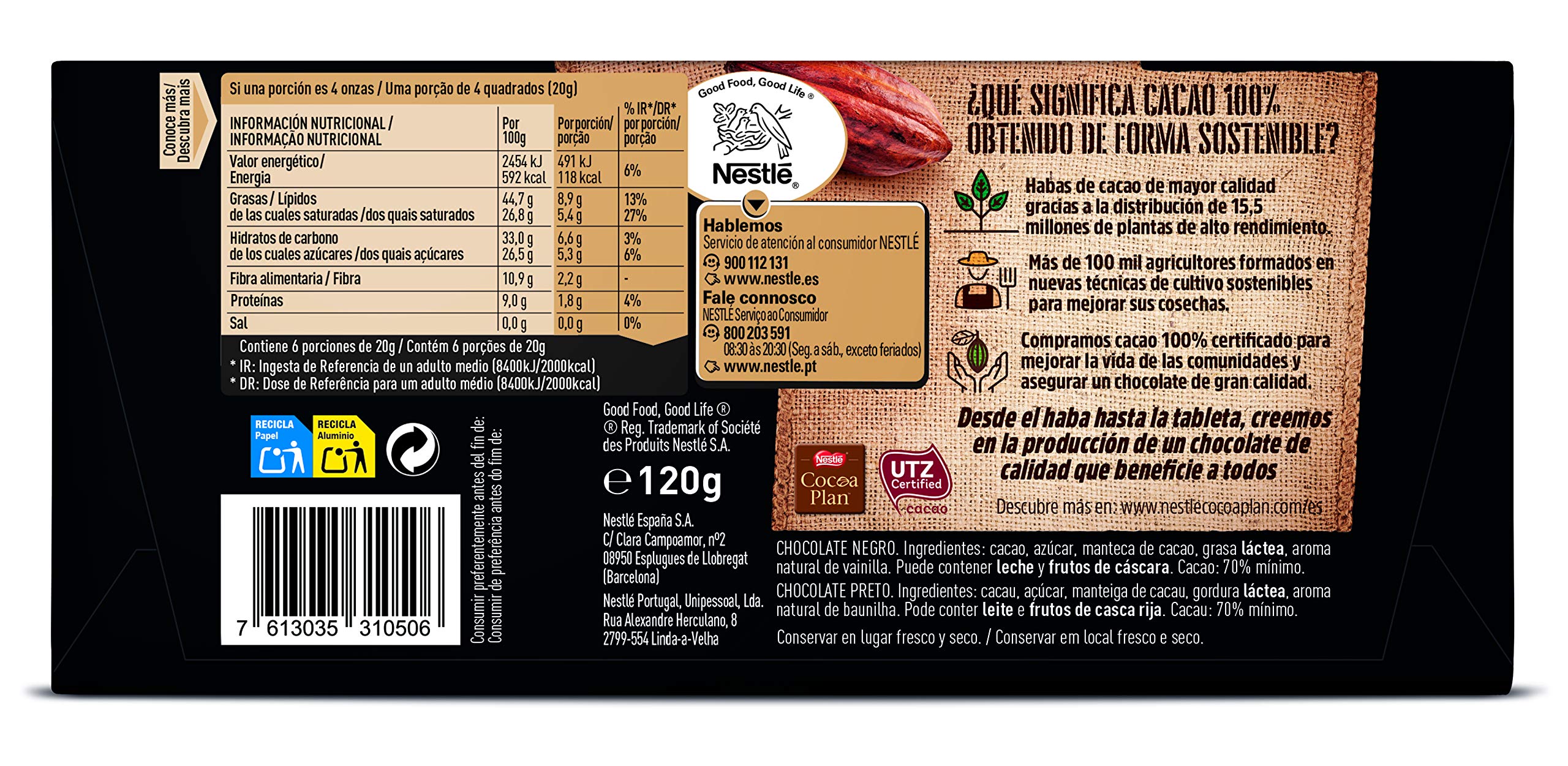 Nestlé Extrafino Chocolate Negro 22 Tabletas 120g
