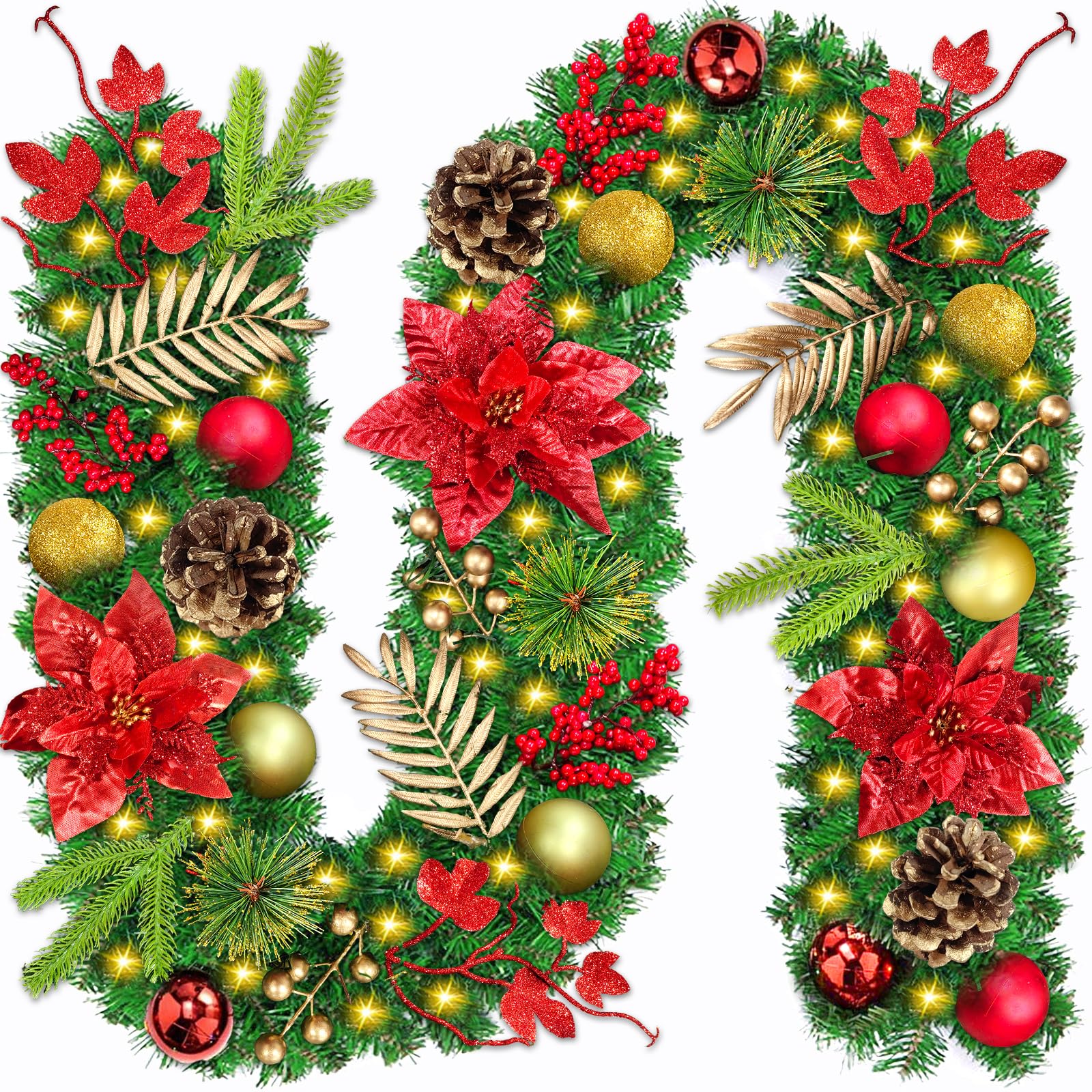 JEDWKFA 270 cm Guirnalda Navidad, Guirnalda Puerta Navidad, Adornos de Navidad Guirnalda, Guirnalda Navidad con Luces, Guirnalda Navidad Escalera, para Escaleras, Puerta, Arco, Ventanas