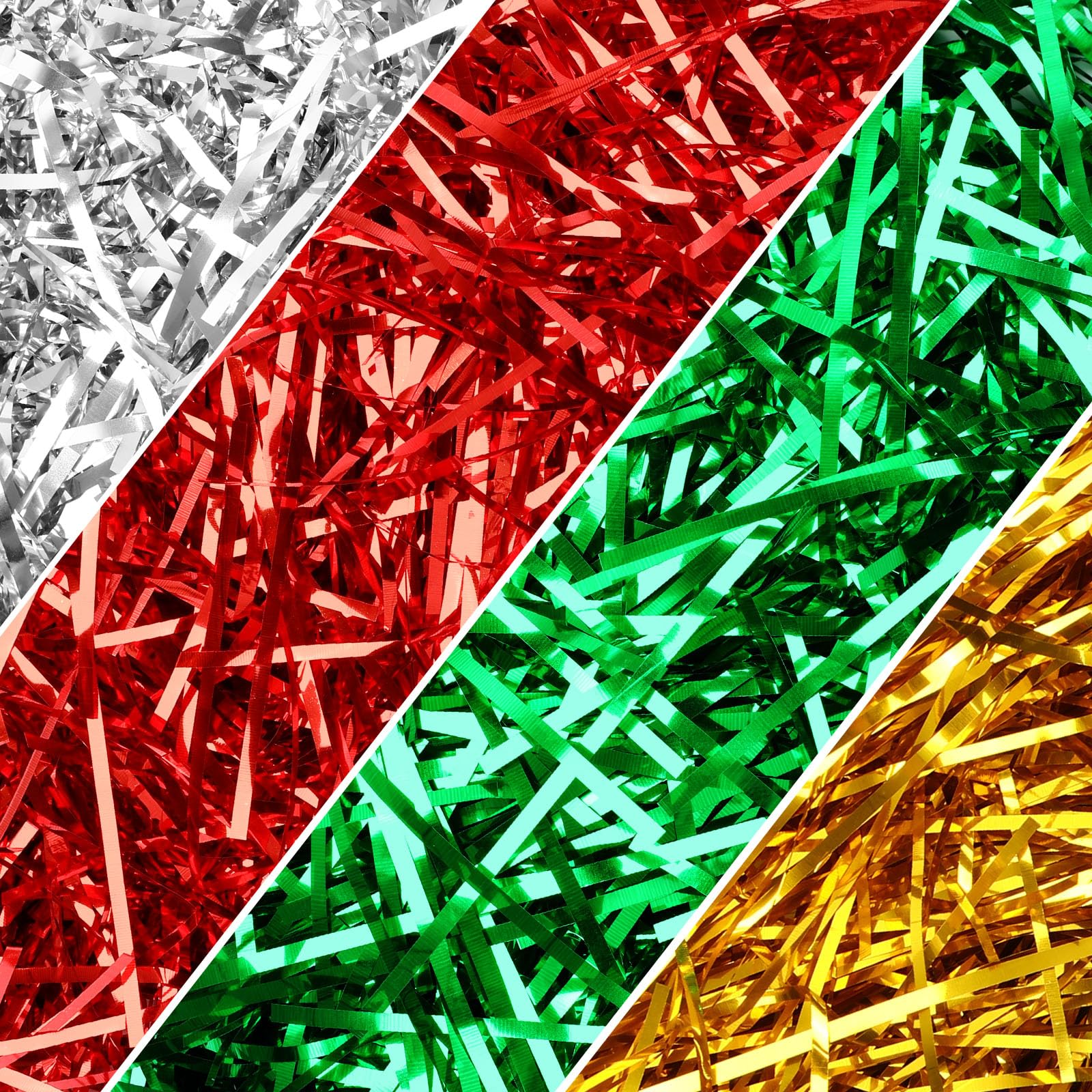 JULBEAR 7 oz Christmas Glitter Shredded Tissue Paper, Shred Sparkly Red Green Gold Sliver Metallic Shredded Paper Filler for Christmas Holiday Hampers and Gift Boxs Stuffing
