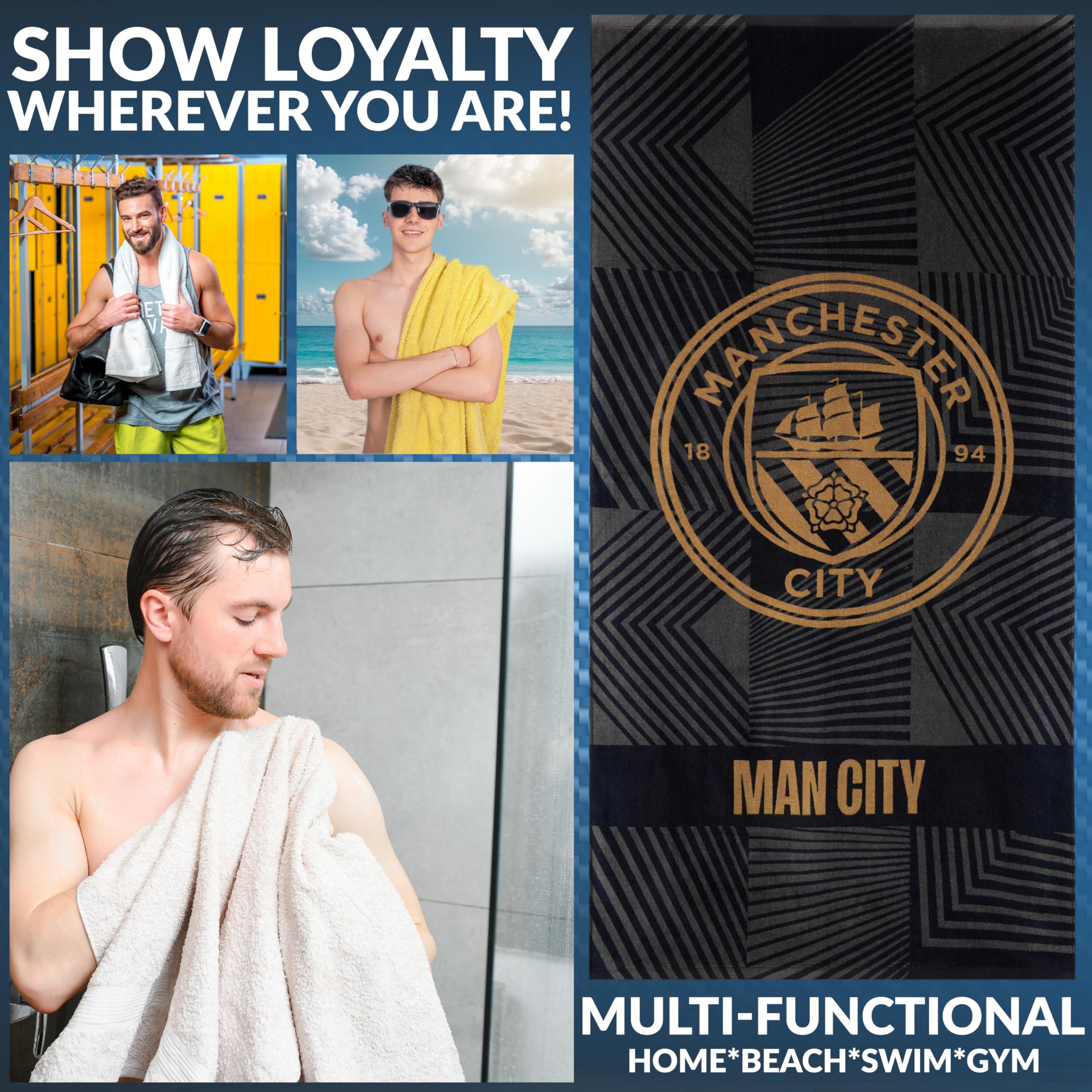 Manchester City F.C. Toallas de baño de terciopelo 140 x 70 pulgadas 100% algodón negro