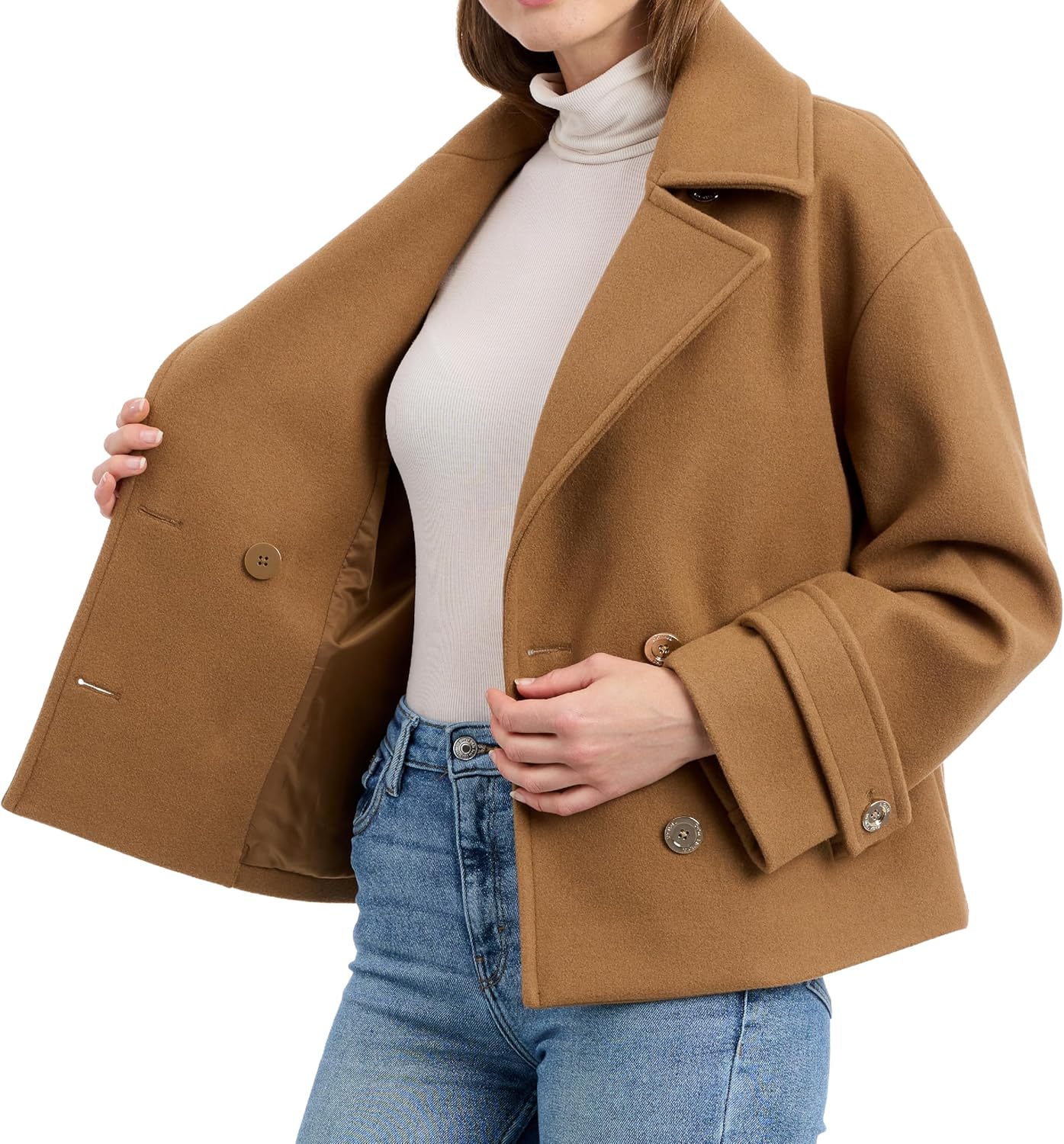 Michael Kors womens Double Button Short Peacoat With Faux Wool, Stylish Wool Coat for Women, Belted Wrap Design - Image 2