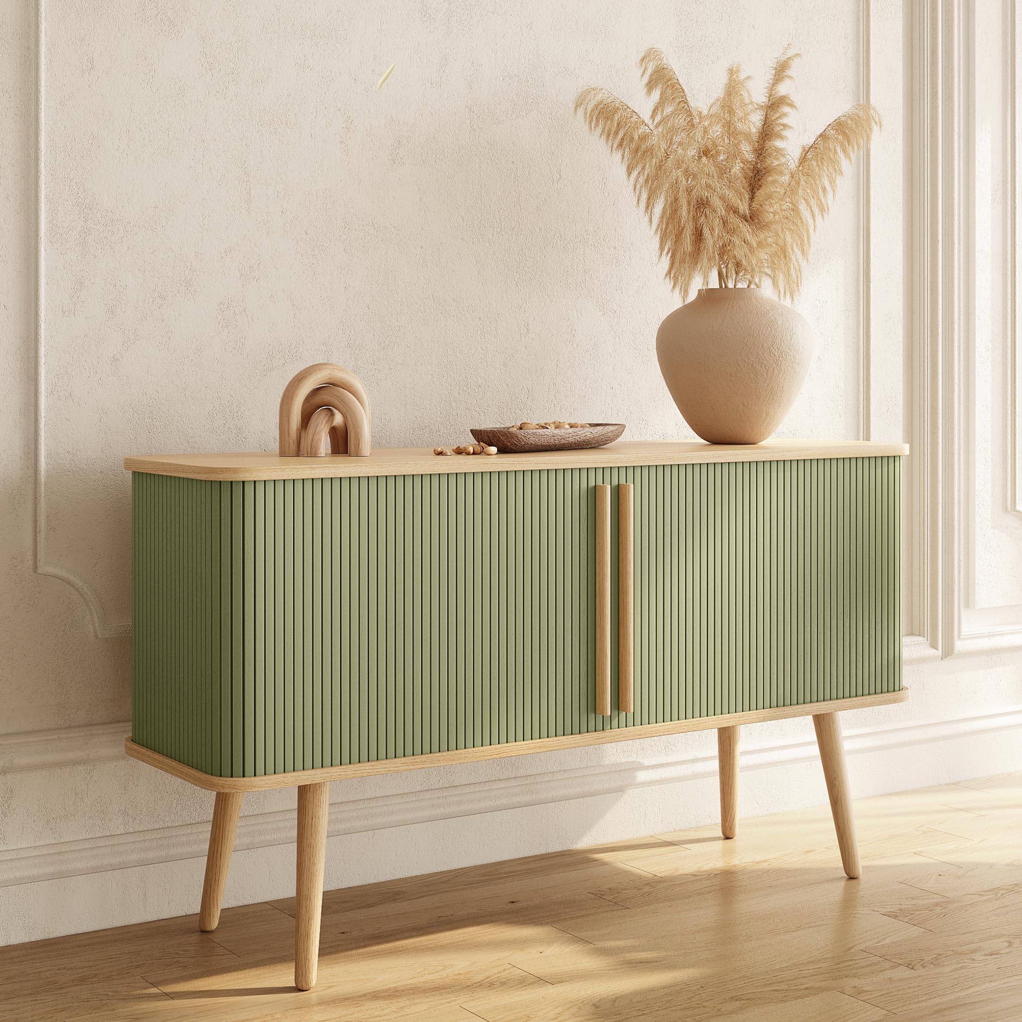 Green And White Media Console With Wooden Shelves