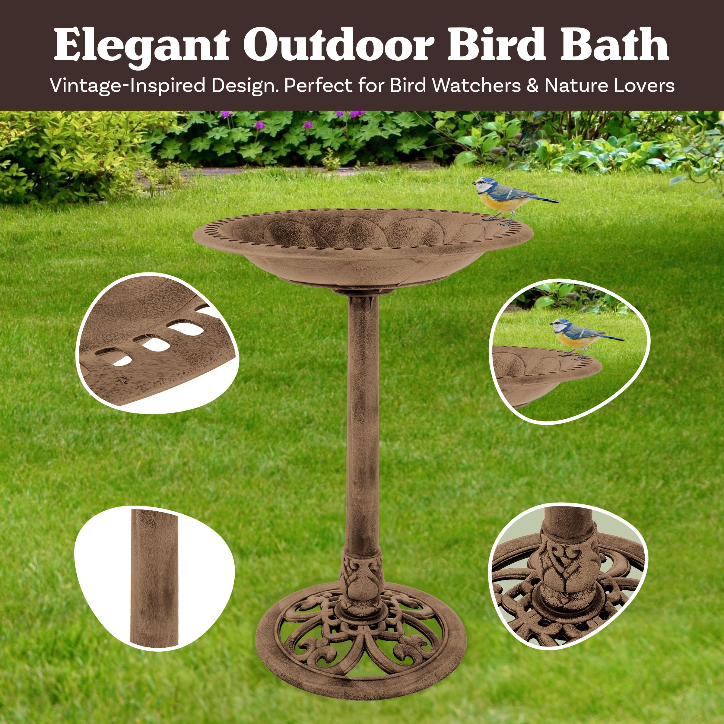 Pure Garden 50-LG1074 Bain d'oiseaux résistant aux intempéries avec Bain d'oiseaux en résine Vintage Design Antique Bronze