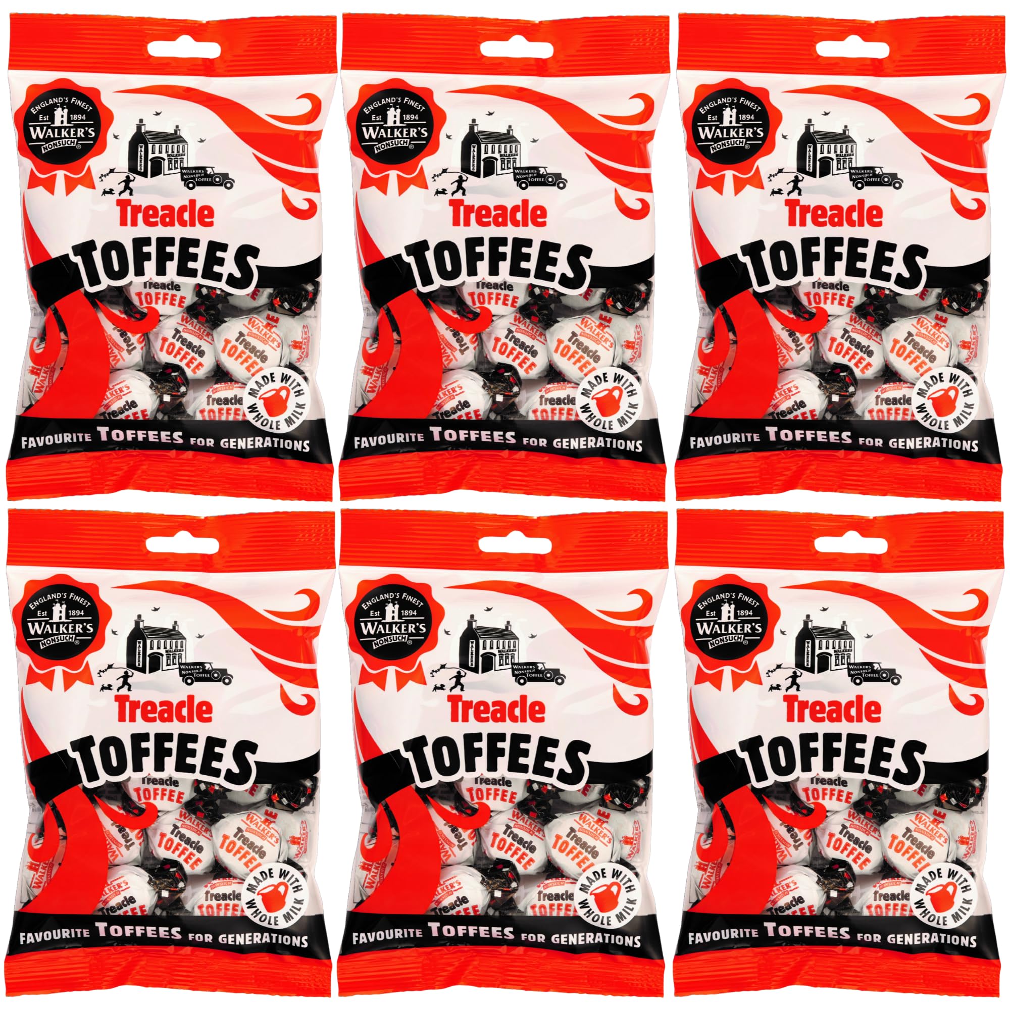 Walkers Nonsuch Treacle Toffees Bag 5.29 oz (Pack of 6) - Chewy Black Treacle English Toffee Candy, Traditional English Sweets, Gluten Free British Butter Candy, Imported from UK
