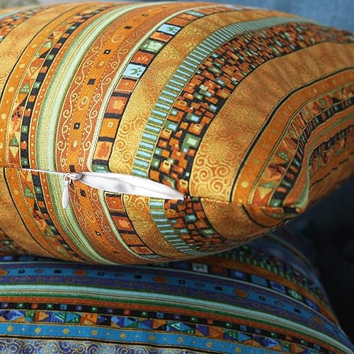 Miniatura 2 de TAOSON funda de almohadón pequeño para sofá, con forro de mezcla de algodón, estilo antiguo bohemio, a rayas de color rojo, dorado, verde y azul,