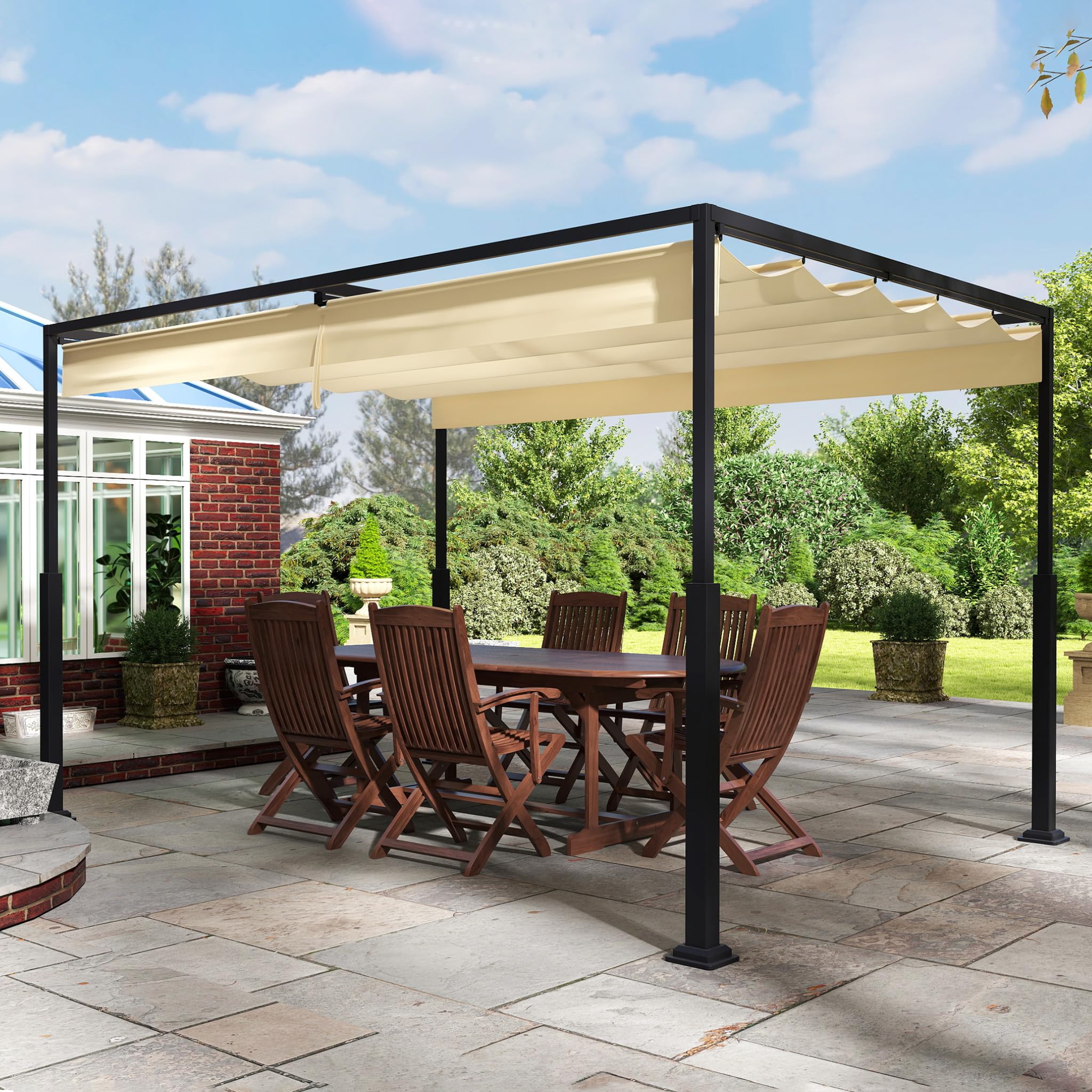 SUBTLETY Pérgola de 3 x 4 m para terraza, cenador de jardín con techo solar retráctil, resistente al agua, marco de metal estable, protección solar, para jardín, terraza, balcón (beige)