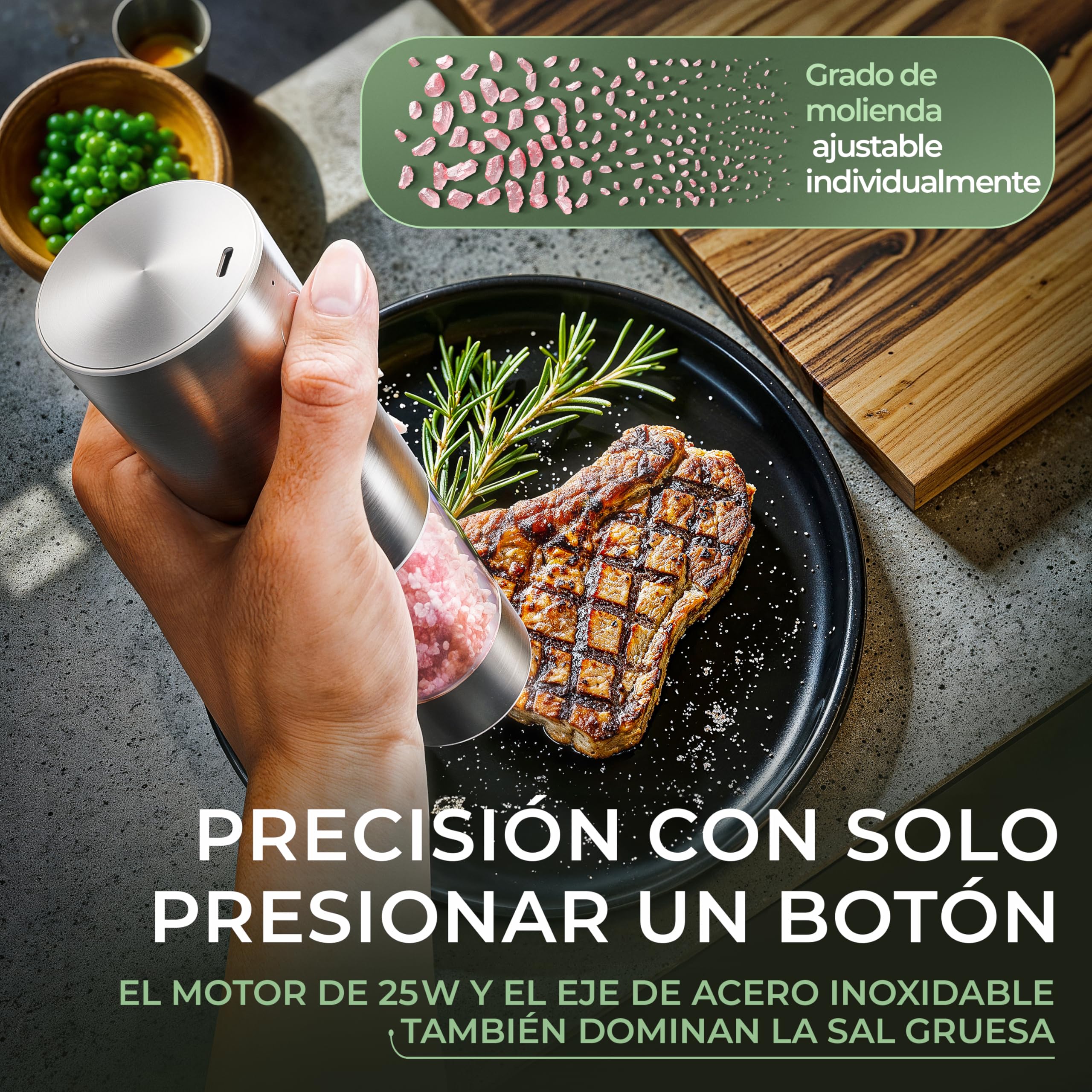 WALDWERK Juego de Molinillos de Pimienta y Sal Eléctrico (batería de 300 mAh) – Molinillo Pimienta electrico con soporte elegante de acacia – Set de Salero y Pimentero electrico