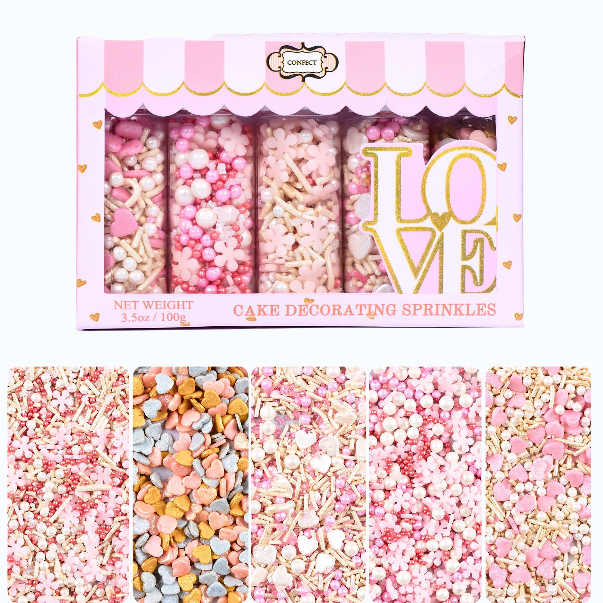 Pink, Silver, Gold and White Pearl Sprinkles, Heart Sprinkles, Cookie Sprinkles, Birthday & Celebration Sprinkles, Edible Sprinkles Mix Pack of 5 - 140gms