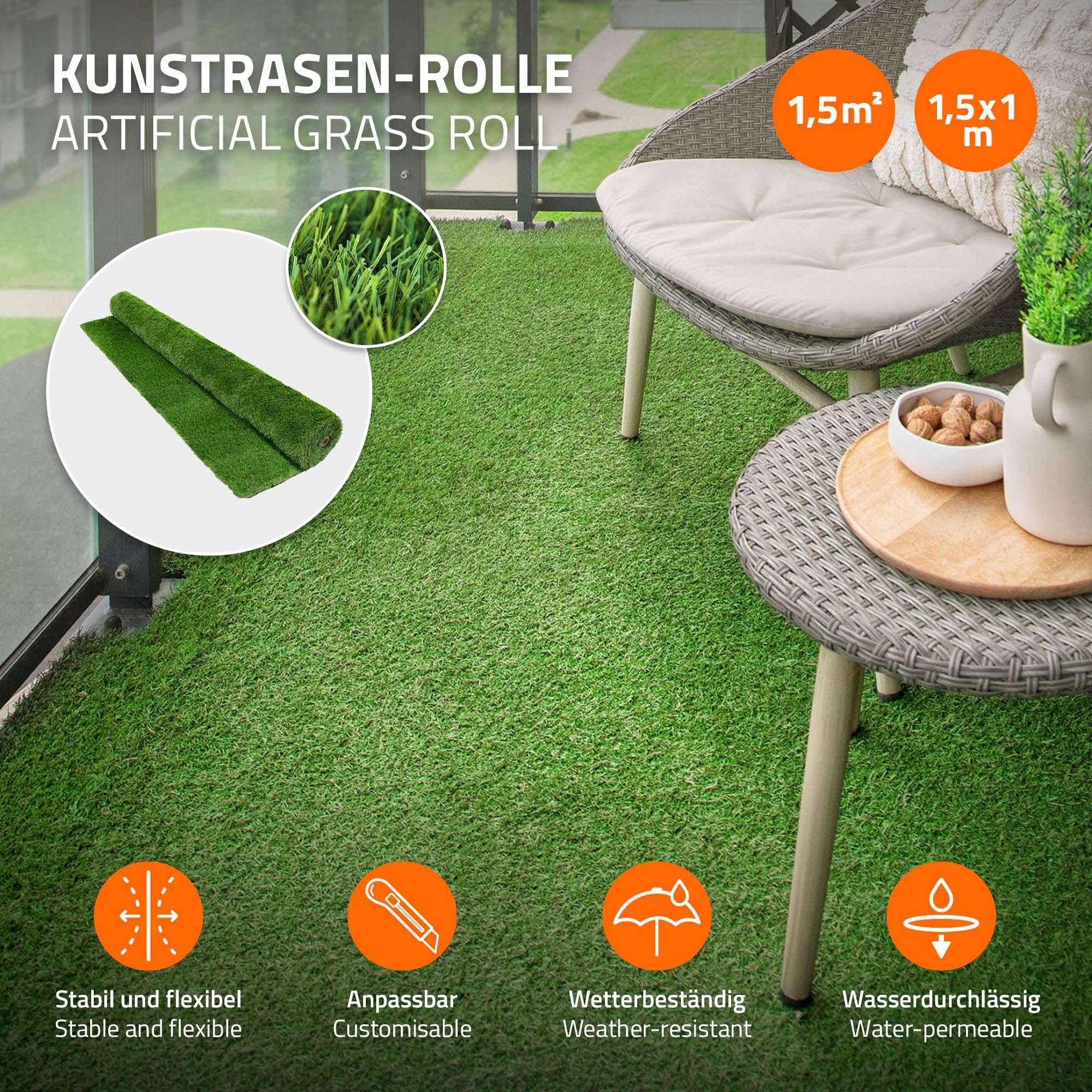 ECD Germany Rotolo Erba Sintetica 150x100 cm 1,5m² Verde, Tappeto Erba Artificiale Altezza 18 mm, Prato Finto Outdoor, Permeabile all’Acqua e Resistente ai Raggi UV, per Balcone Terrazza e Giardino