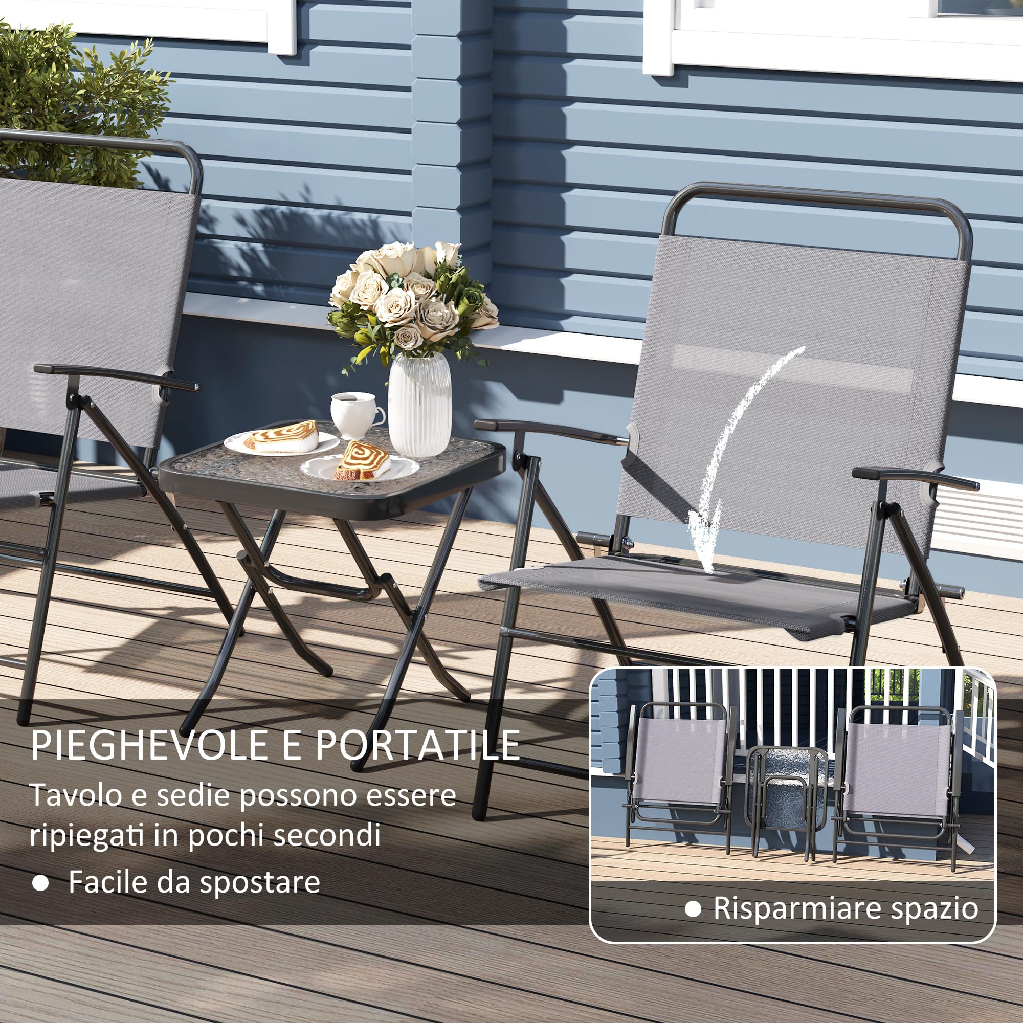 Outsunny Set da Giardino 3 Pezzi con Sedie Pieghevoli e Tavolo in Acciaio e Vetro Grigio