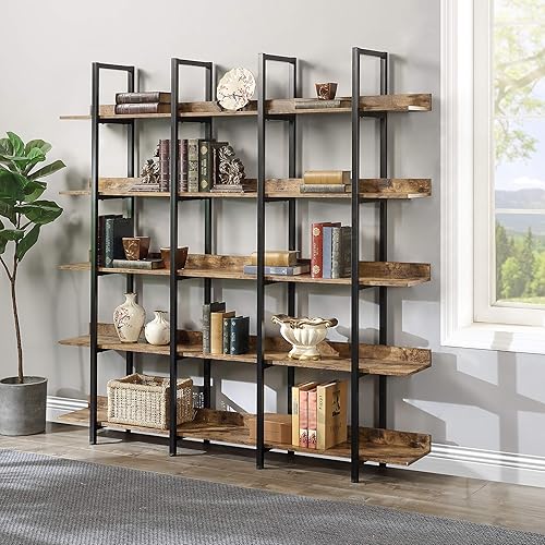 5-Tier Bookcase, Tall Industrial Bookshelf for Home Office, Etagere Storage Shelf with Metal Frame, Brown