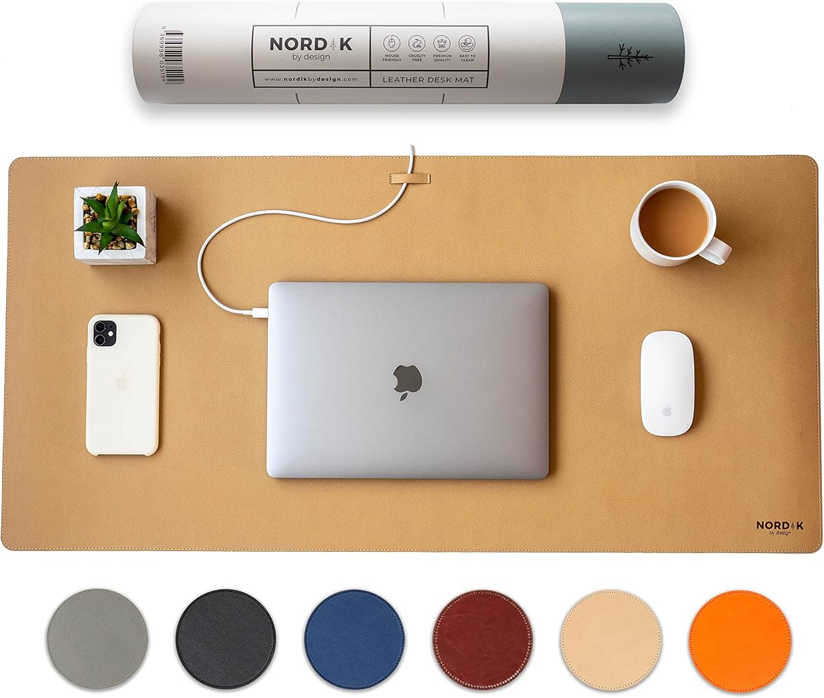 Nordik Leather Desk Mat -Champagne Beige- Large Leather Desk Pad 35x17 in | Premium Vegan Leather Desk Pad with Cable Organizer for Office, Extended Waterproof Mouse Mat, Non-Slip Desk Pad Protector