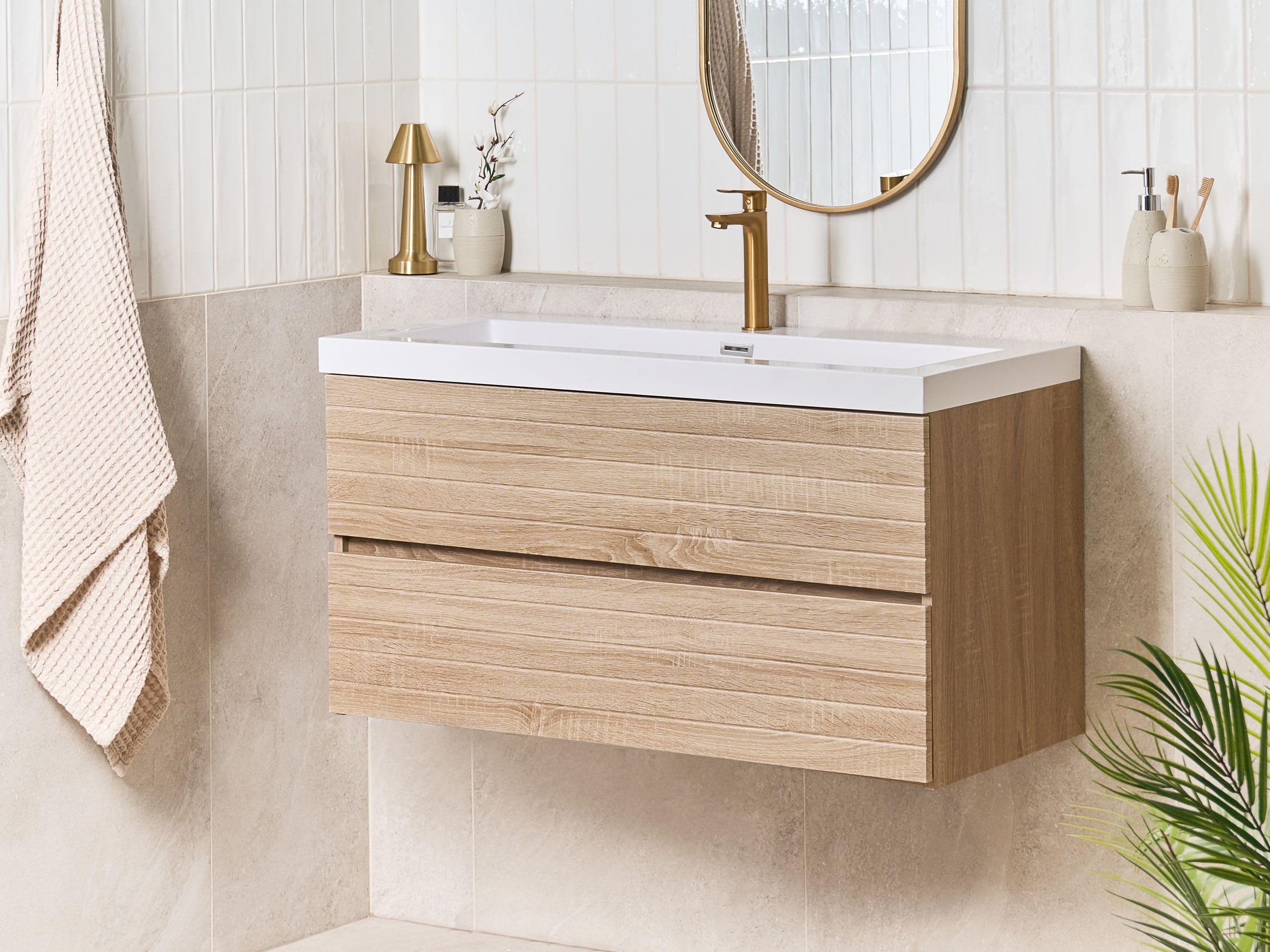Beliani Mueble de baño suspendido con Lavabo de MDF 2 cajones 100 x 46 cm marrón Claro Urucu