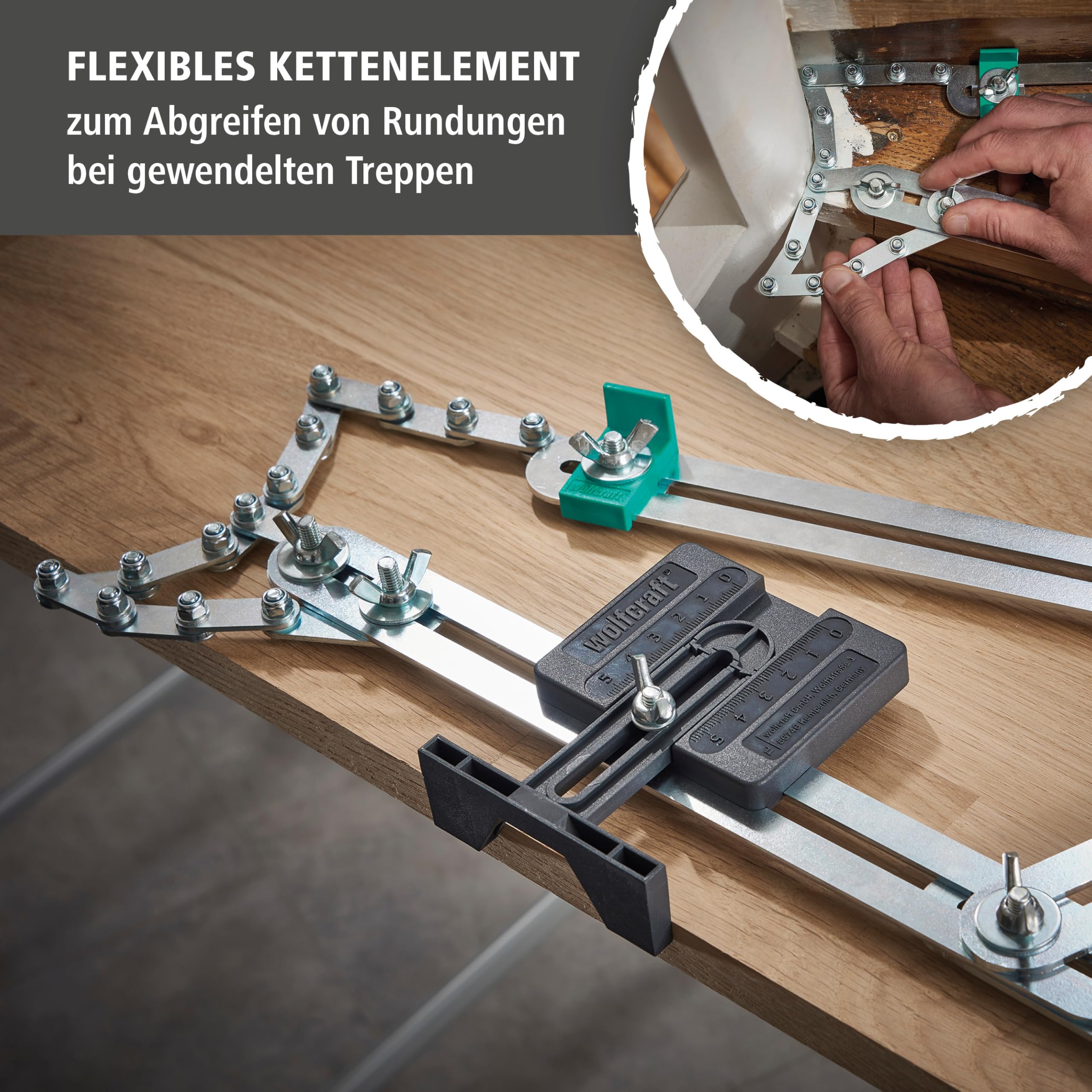 wolfcraft Treppenlehre – Winkelmesser & Schablone für Treppenbau | Treppenspinne & Winkelschmiege kombiniert – für Wendeltreppen, Dehnungsfugen & Materialzugaben – Metall, Made in EU - 5210000