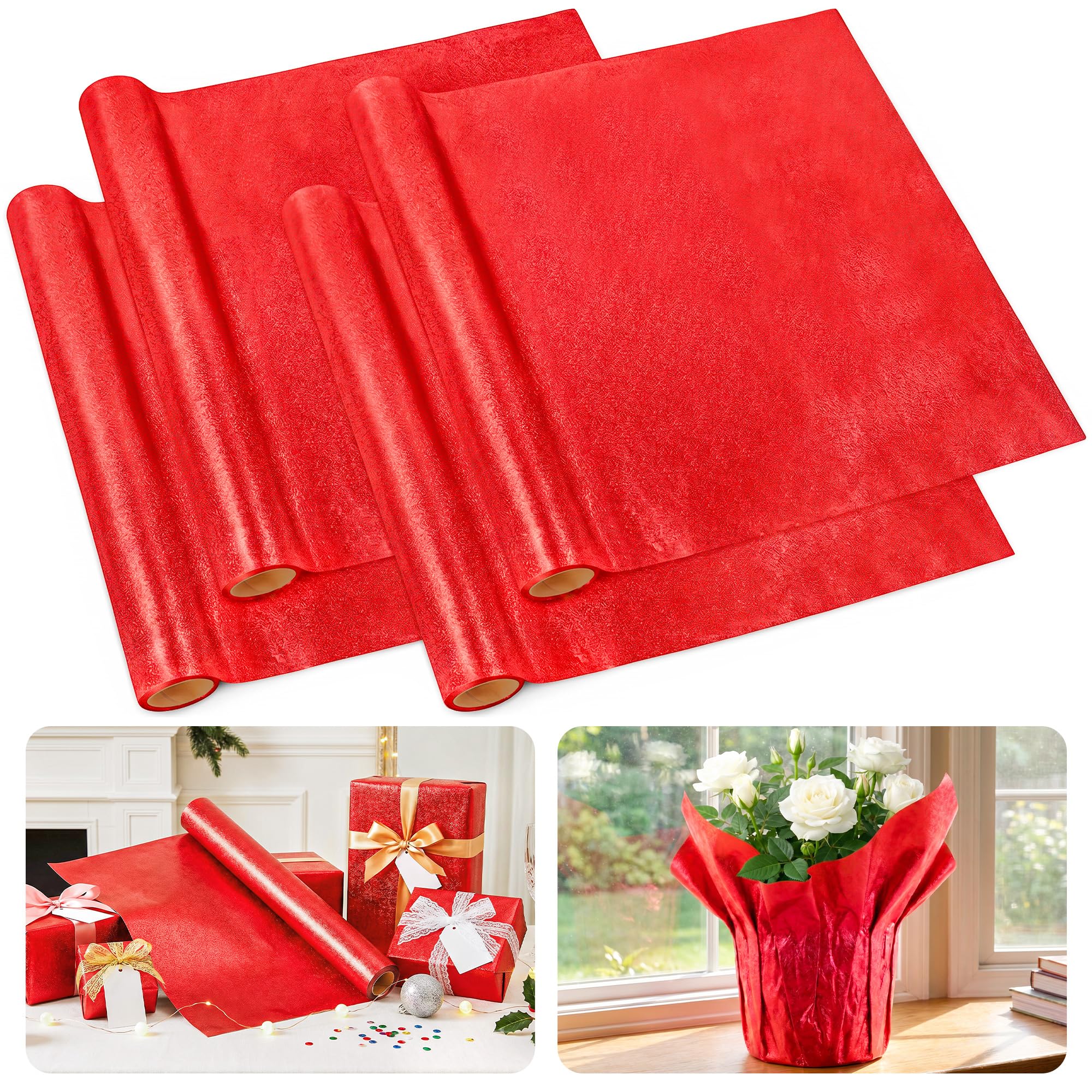 UCandy Plant Pot Floral Foil, Matte Texture Floral Foil Festival Plant Pot Covers, Golden Florals Foils Wrapping Paper for Home Garden Pots Vases DIY Decoration (Red, 22 yard)