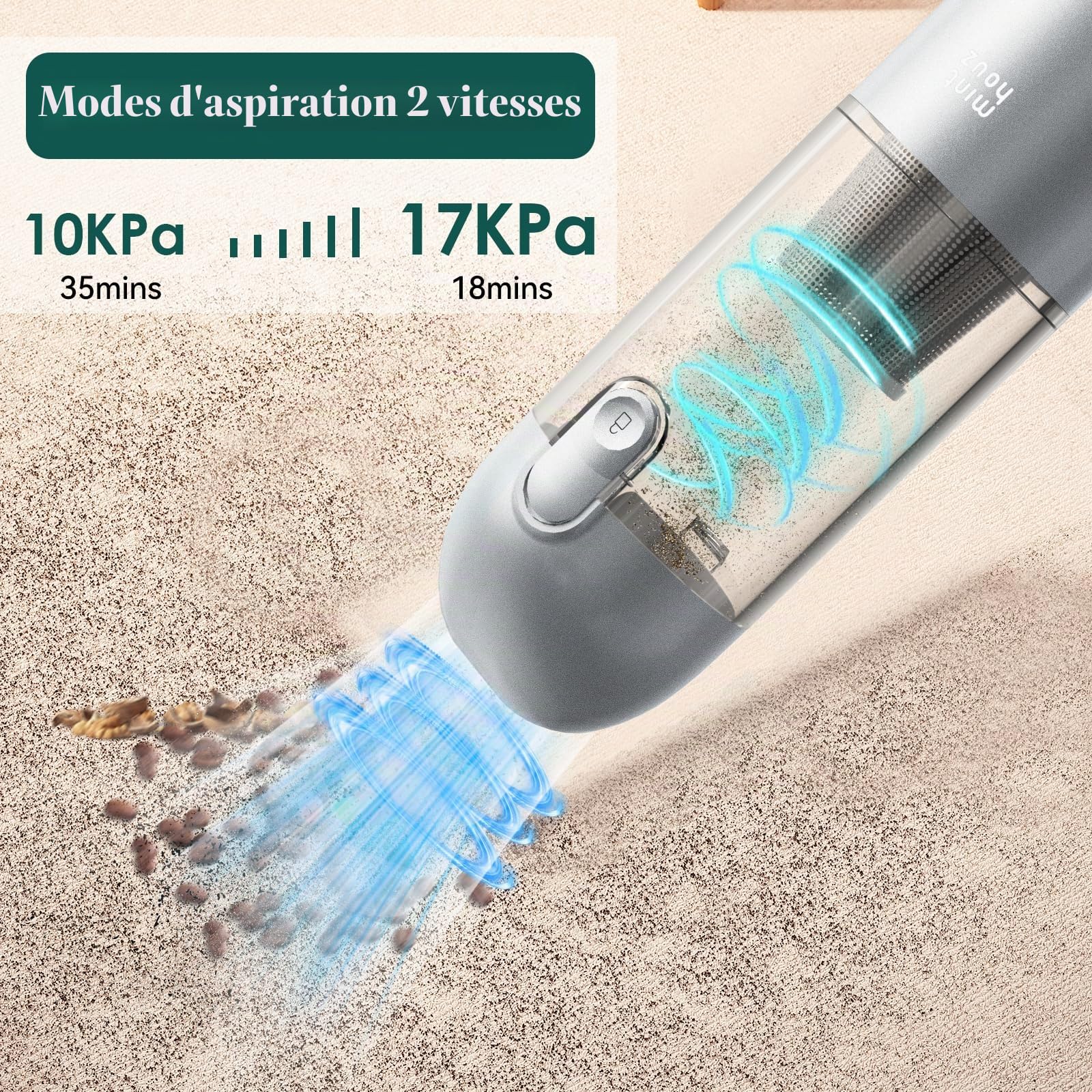 Minthouz Aspirateur Voiture, 17000PA Portable Mini Aspirateur a Main,Multifonctions pour La Maison, La Voiture, Le Bureau