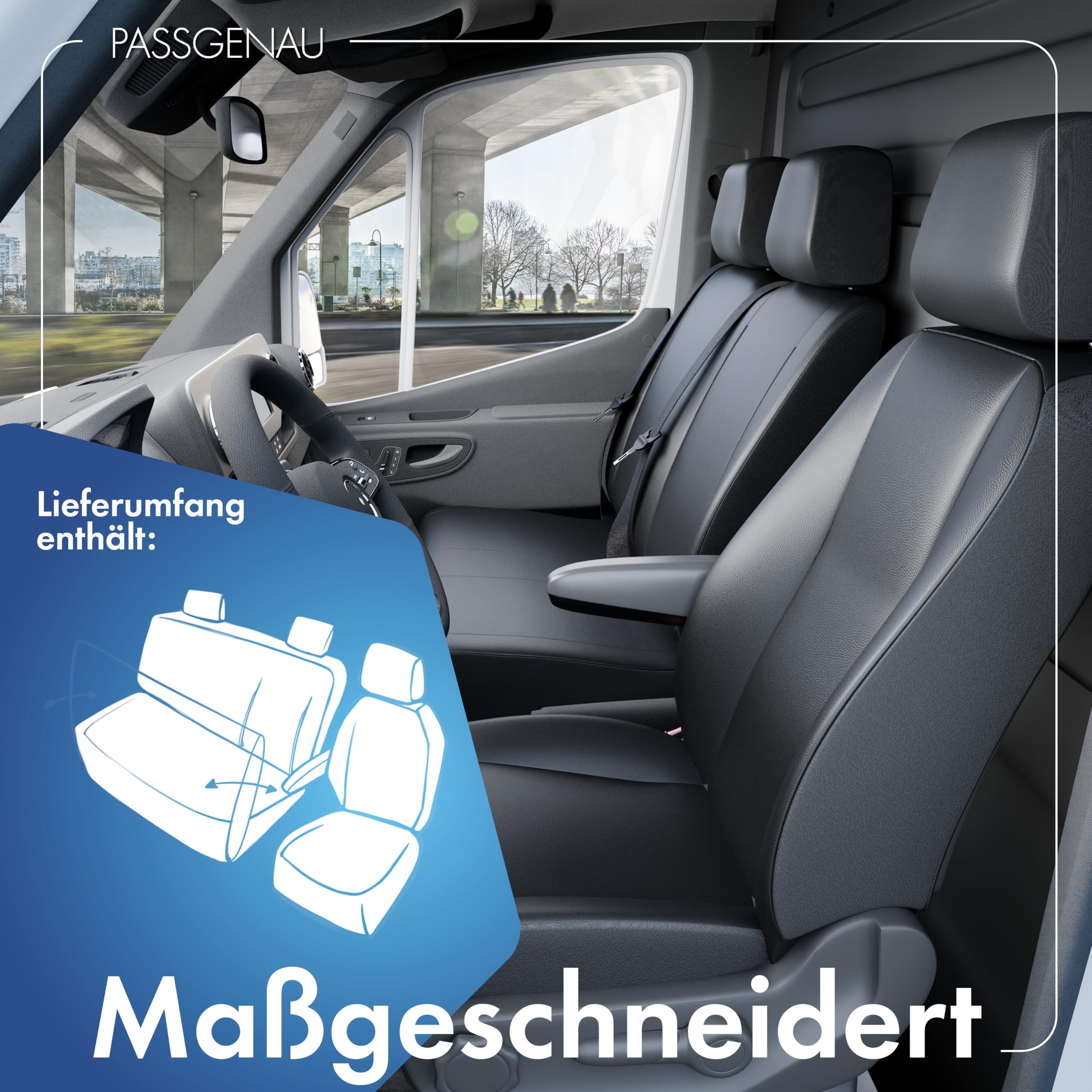 Walser Transporter Sitzbezüge Auto für VW Crafter, Mercedes Sprinter, 1 Einzelsitz (Aussparung Armlehne) & Doppelbank, Sitzbezüge aus Kunstleder, Sitzschoner, Sitzauflagen
