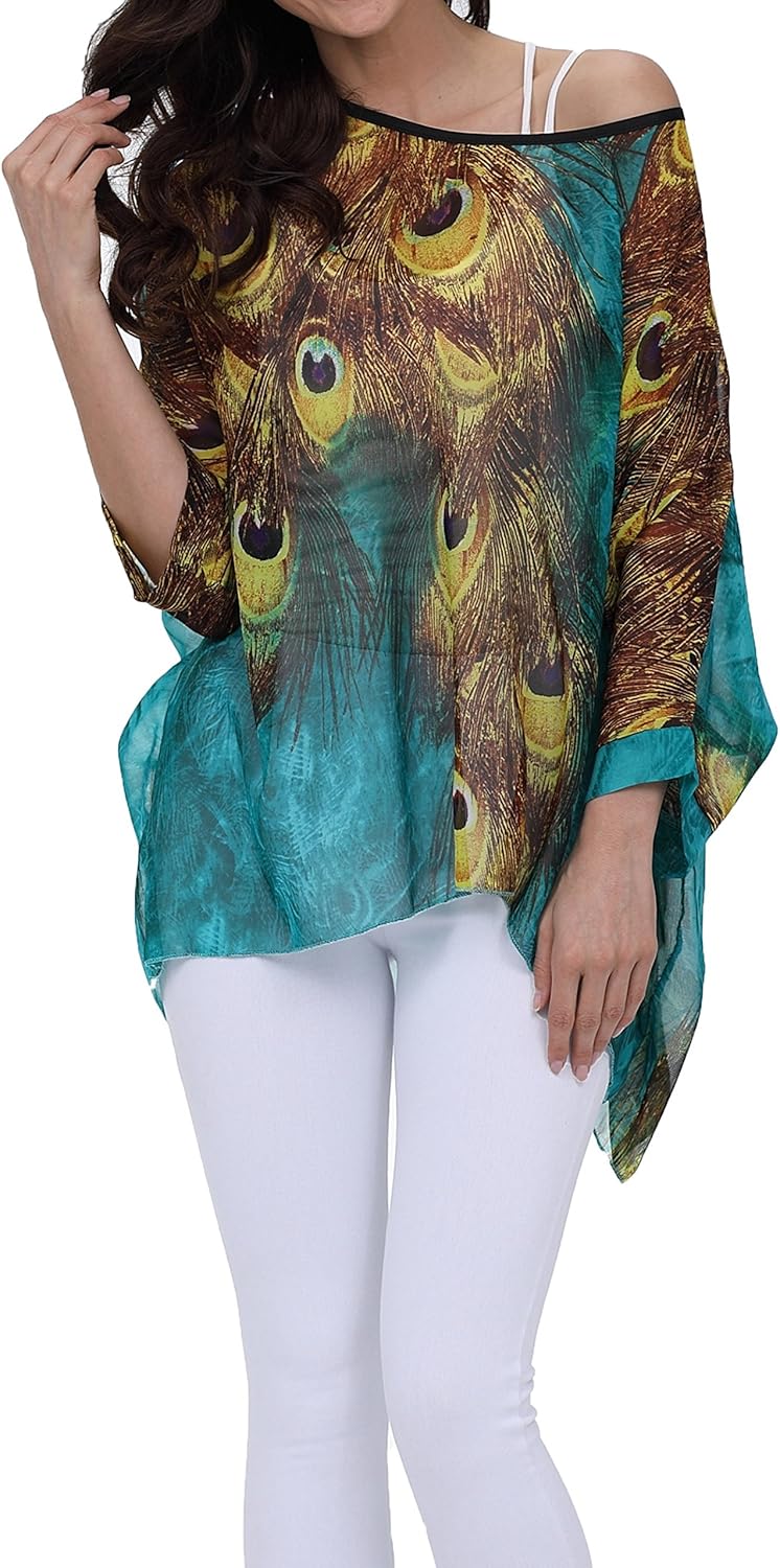 Nicetage Boho Top Sheer Dressy Blouse Chiffon Blouses for Women Sheer Poncho Flowy Batwing Tops Cruise Wear - Image 3