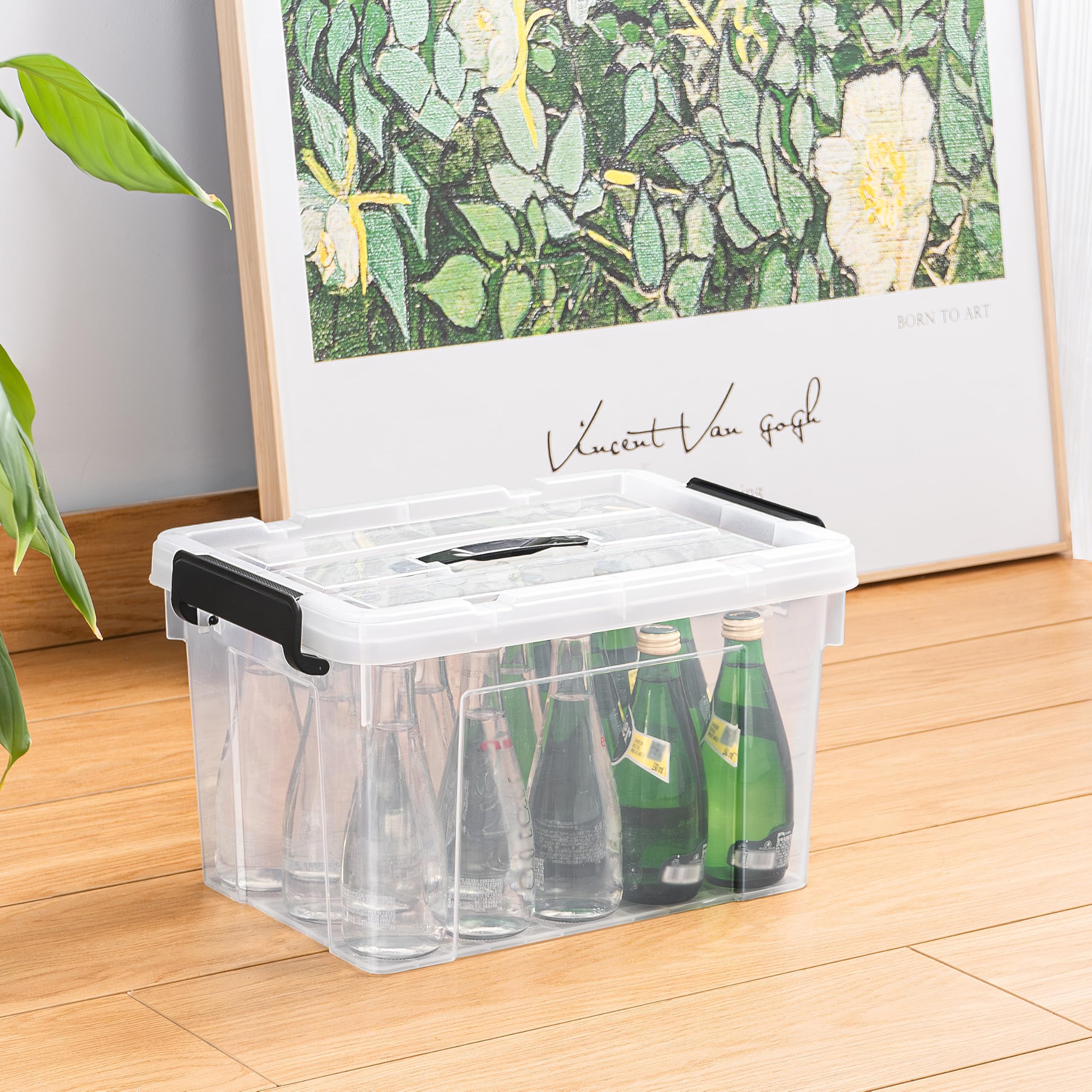 Cetomo 20L*4 Caja de Almacenamiento con Asa, Caja de Plástico con Tapa y Cierre Seguro, Contenedor de Almacenamiento, Duradera, Apilable, Resistentes, Transparente, Paquete de 4 de 20L