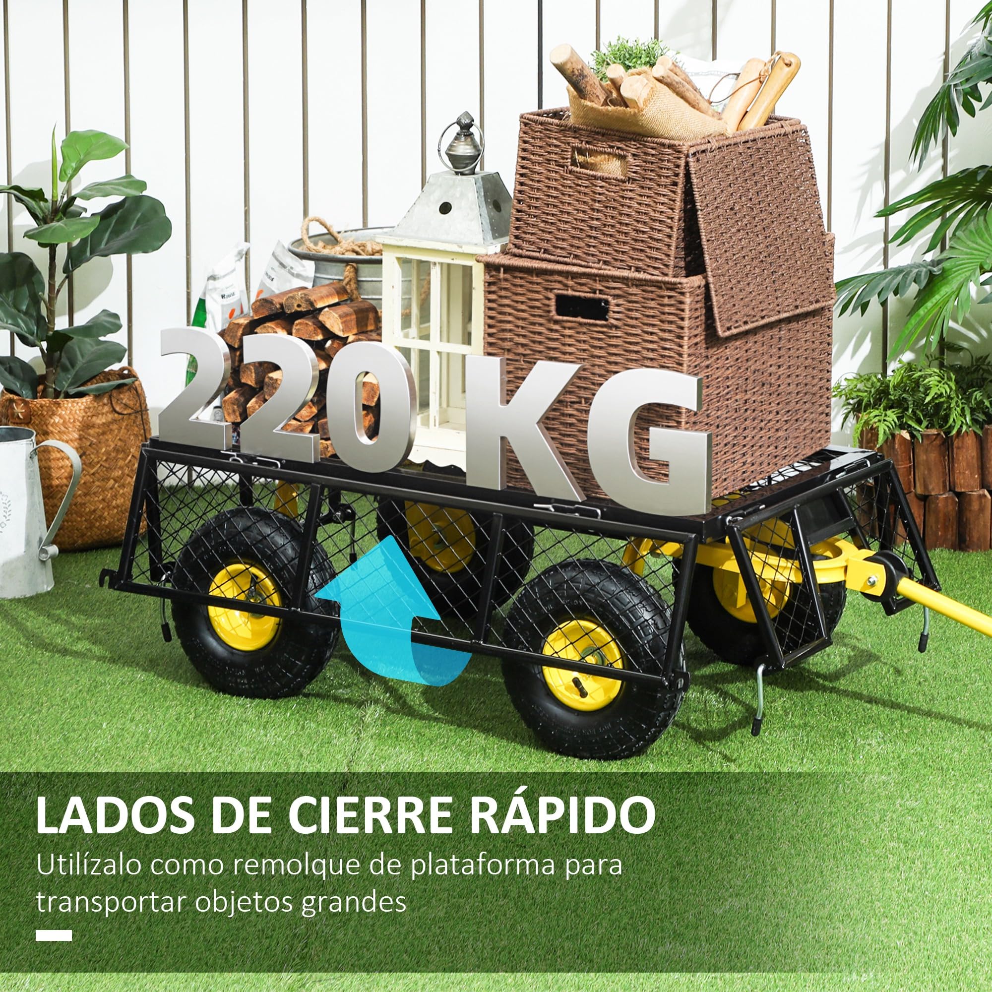 Outsunny Carro de Jardín Basculante Carga 200 kg Carro para Playa con Paneles Laterales Desmontables Mango Giratorio de 180° y 4 Ruedas Neumáticas Grandes de Goma Negro y Amarillo