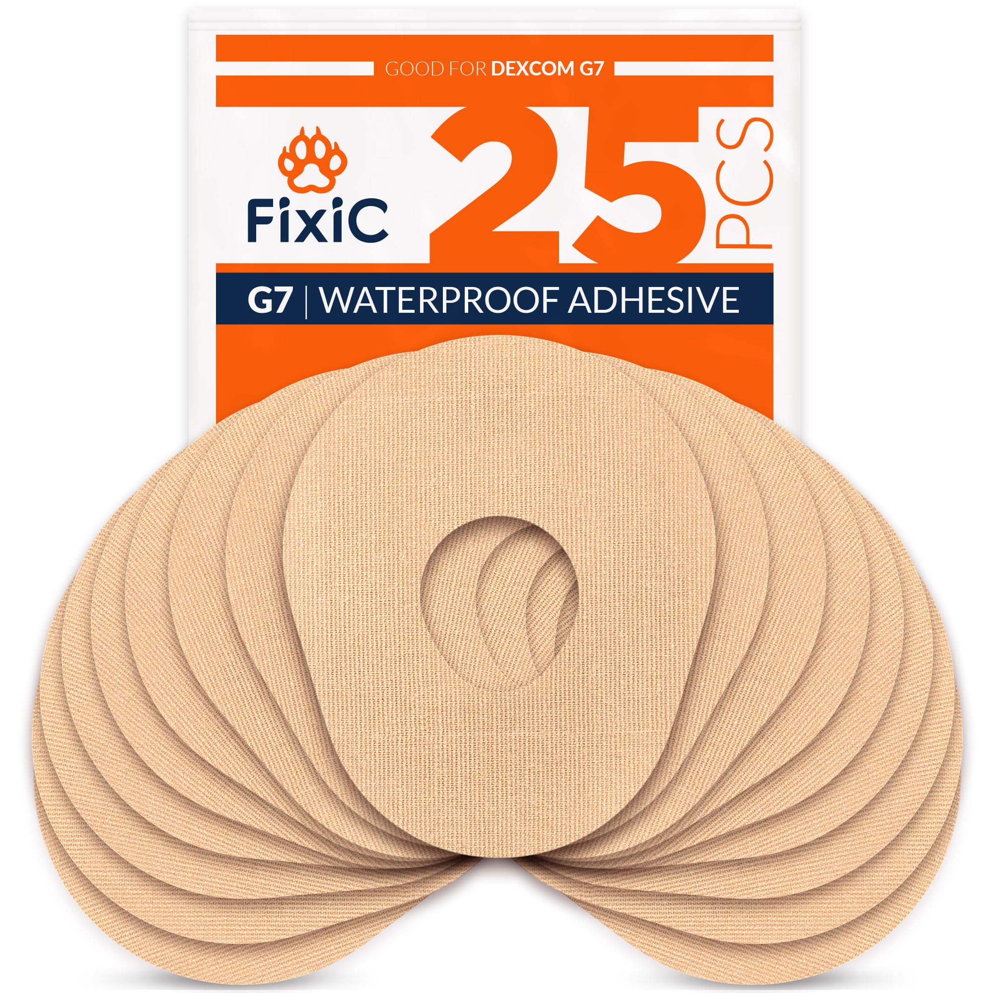 FixiC – Adhesive Patches for G7 & Stelo – 25 Pack Premium Waterproof Adhesive Patches – Pre-Cut Back Paper – Adhesive Patch for G7 – Long Fixation! (Tan)