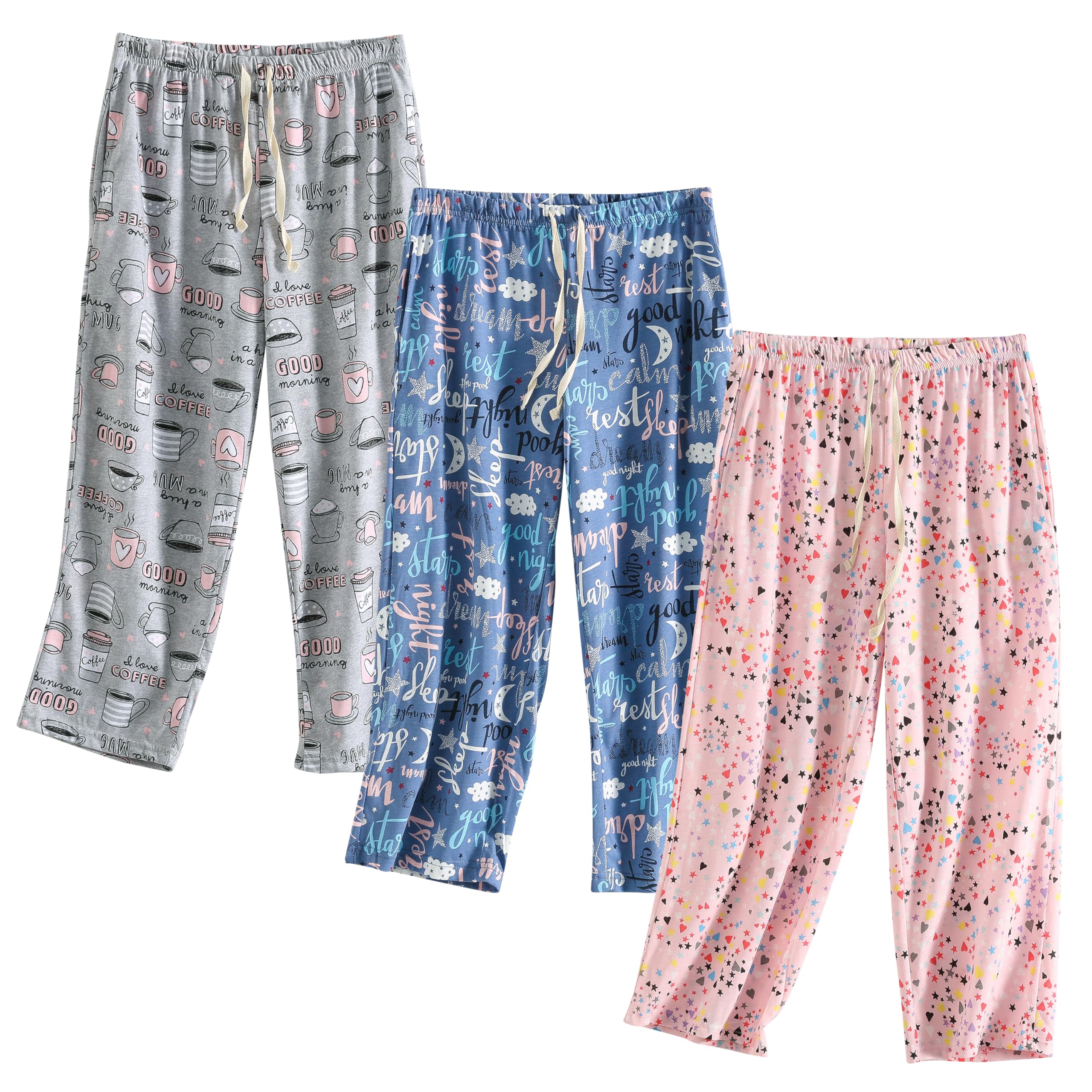 PNAEONG 3 Pack Women Pajama Pants Capri Length Drawstring Pj Bottoms Sleep Lounge Pants with Pockets S-3XL