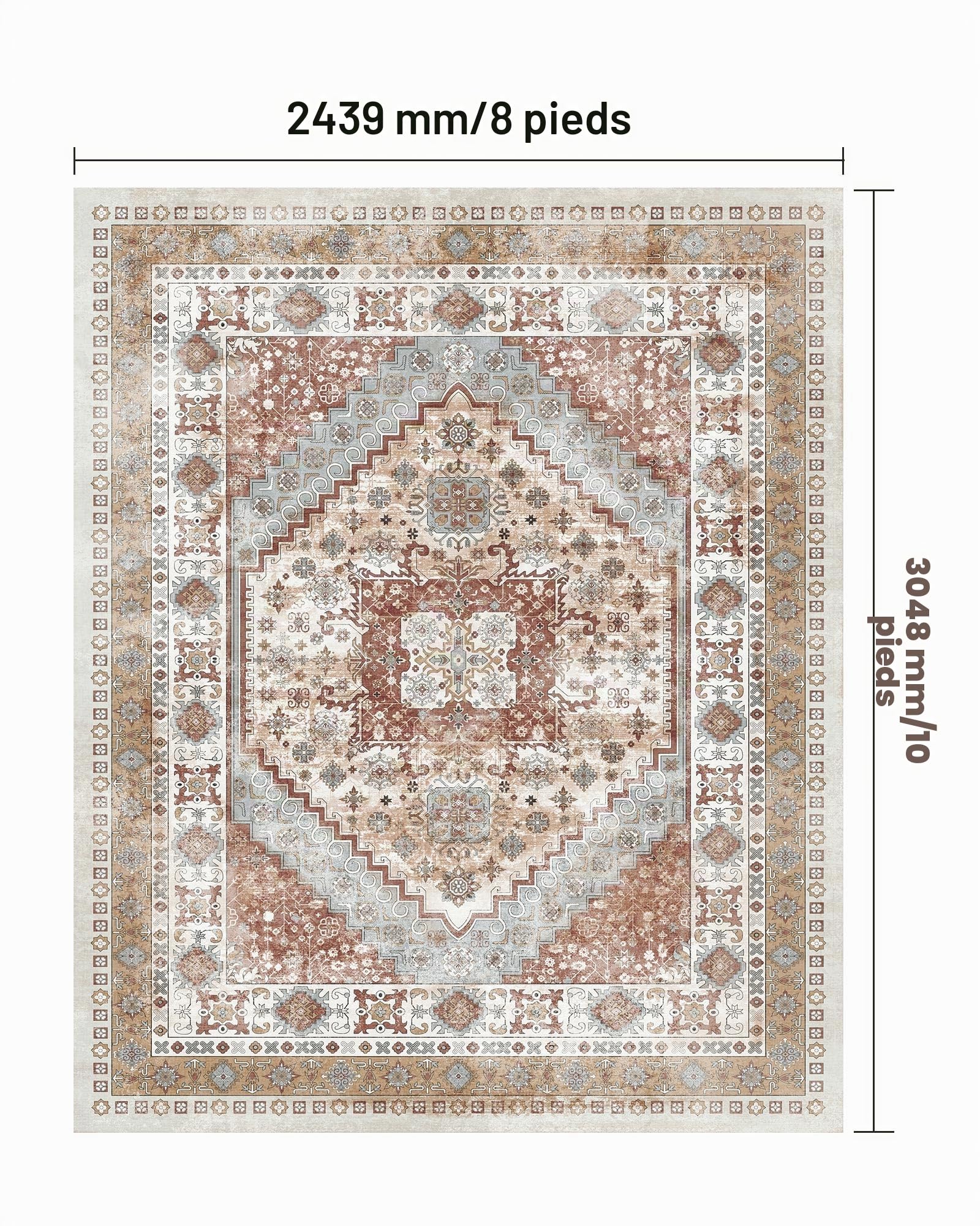 VEVOR Tapis Salon, 2,4 x 3 m, Grand Tapis Chambre Lavable et Antidérapant, Poils Courts et Denses, Résistant aux Griffures Animaux, Doux, Style Vintage, pour Chambre, Bureau, Entrée, Marron et Rouge
