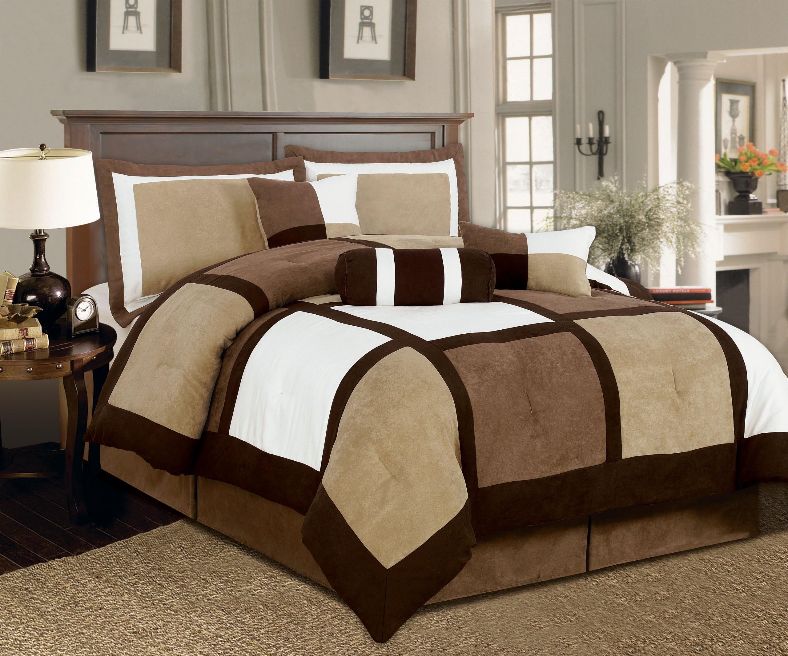 Textiles Plus 7-Piece Micro Suede Patchwork Bed-in-a-Bag Comforter Set, Queen, Brown/White