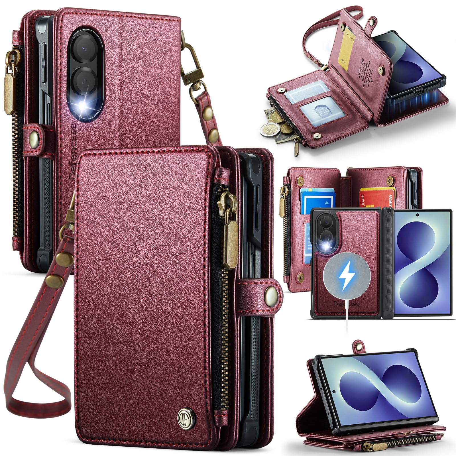 Defencase Funda tipo cartera para Galaxy Z Fold 8 compatible con Magsafe | Funda magnética desmontable para tarjetas RFID Bolcking con cremallera, piel sintética, a prueba de caídas para Samsung
