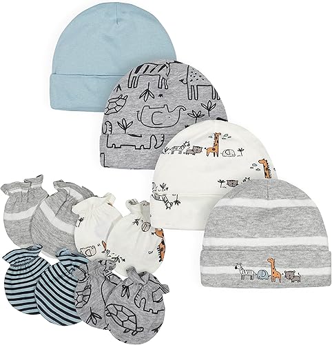 Gerber Juego de 8 gorras y manoplas para bebé niño