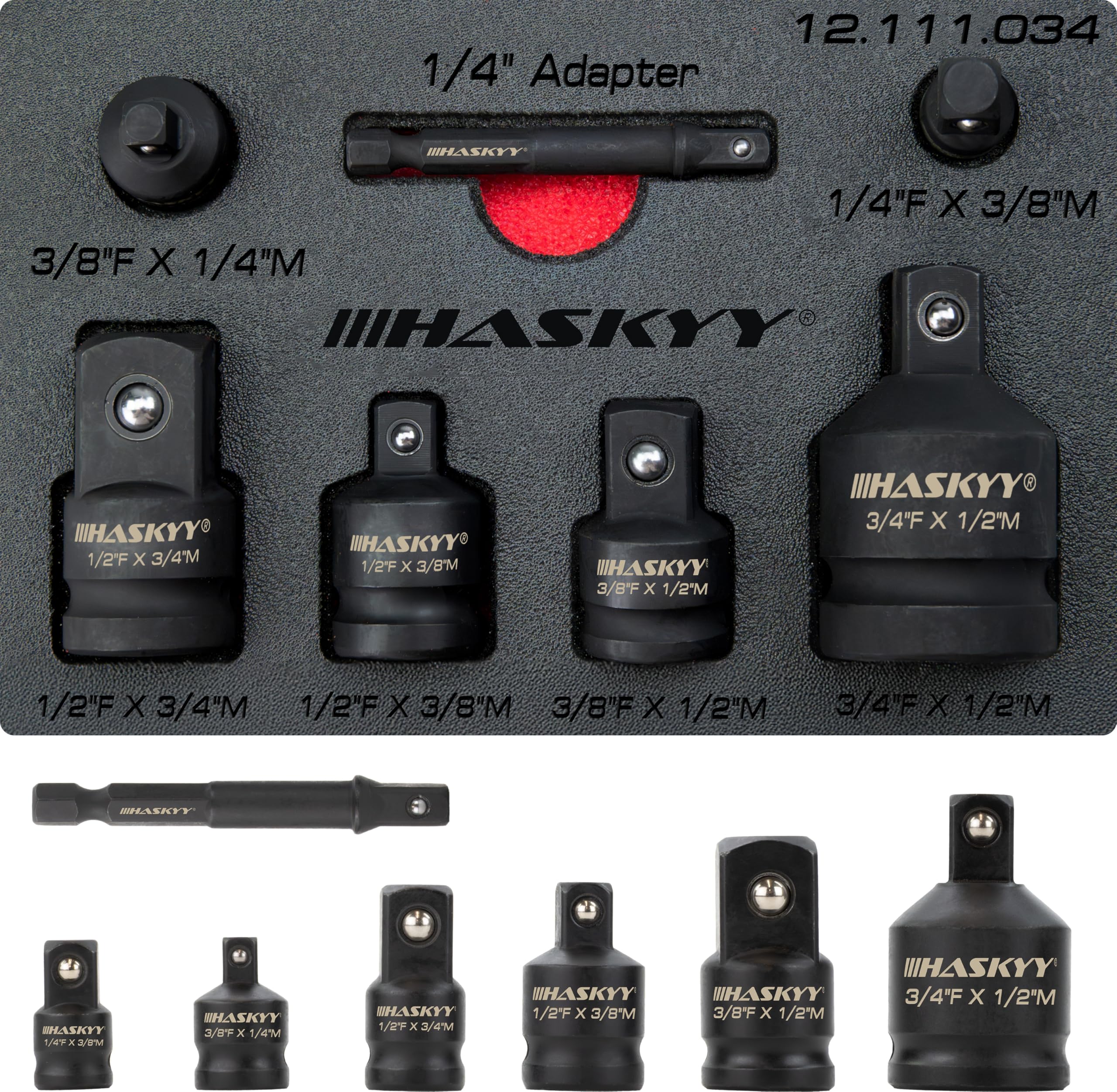 HASKYY Zestaw adapterów do wkrętarki udarowej 1/4" 3/8" 1/2" 3/4" do wkrętarki akumulatorowej, grzechotki i klucza dynamometrycznego – zestaw adapterów do kluczy nasadowych ze stali