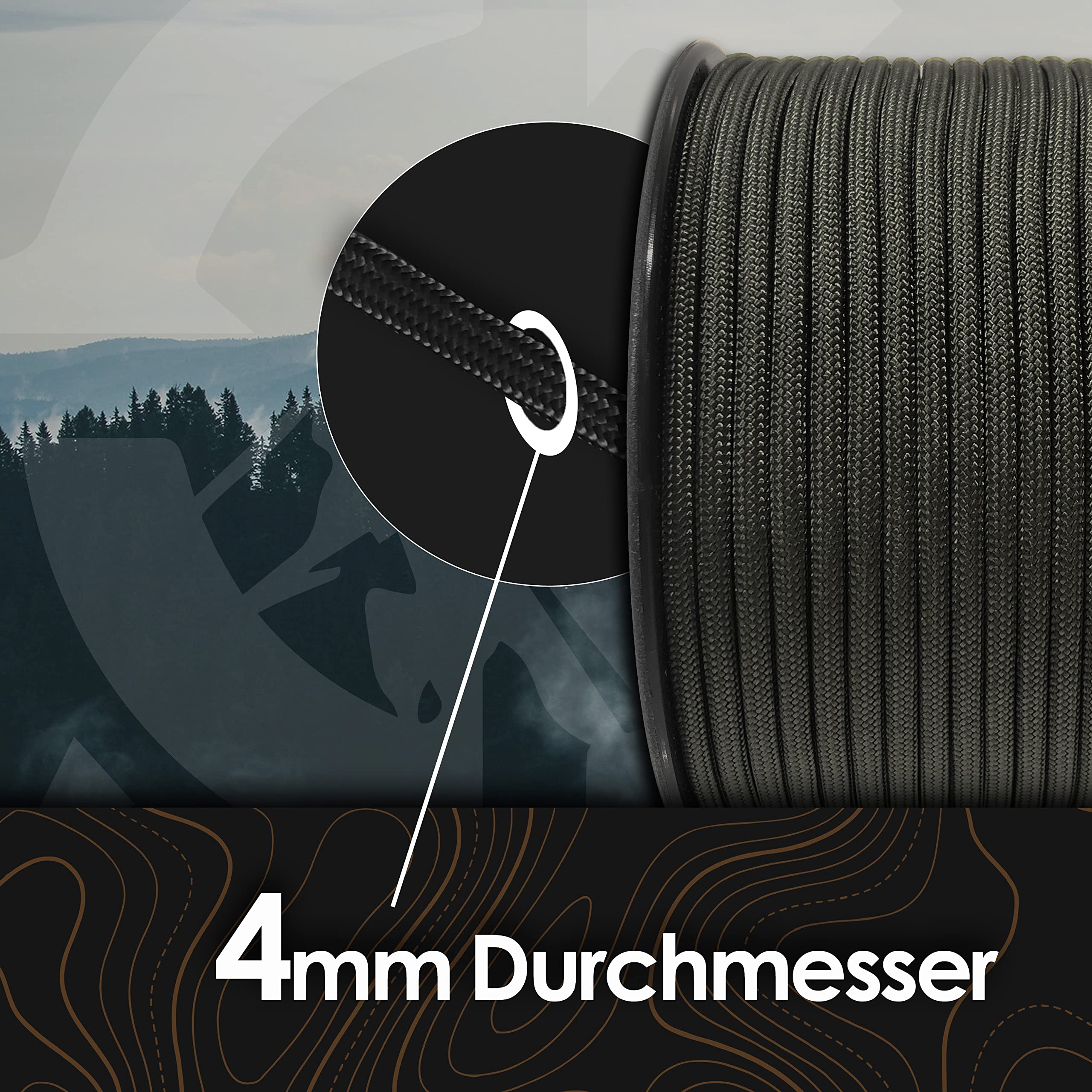 Performance Paracord 550 4mm Nylonschnur - 100 Meter Allzweck-Seil aus Nylon für Camping - Outdoor & Survival (Schwarz, 100m)