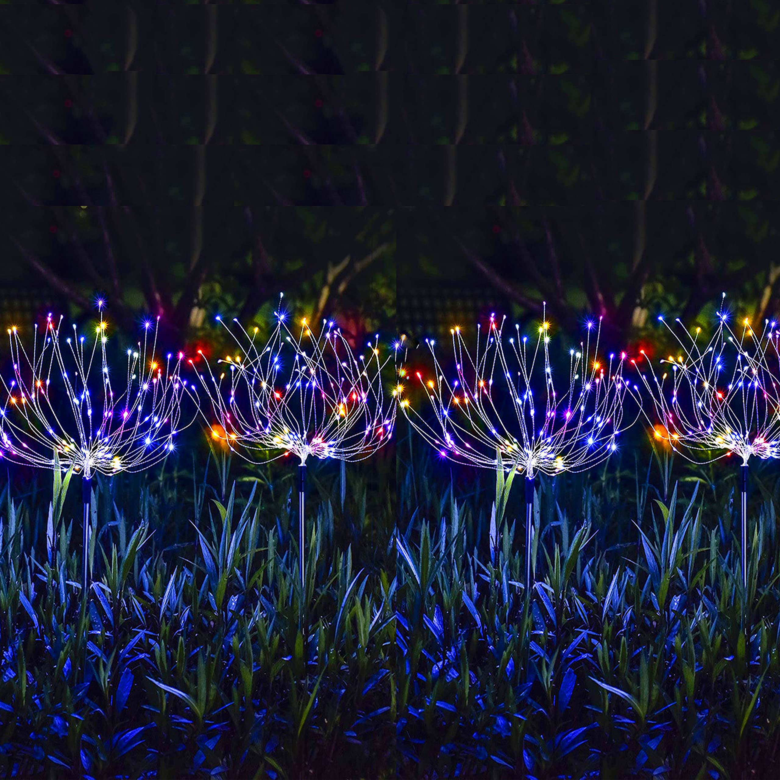 Solar Garden Lights, Decorman 4 Pack Solar Firework Lights Outdoor Waterproof DIY Decorative Lights String with 120 LED 8 Lighting Modes In-Ground Stake Lamp Colorful LED String Lights Landscape Light