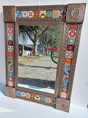33" PUNCHED TIN MIRROR with mixed talavera tile mexican folk art wall decoration