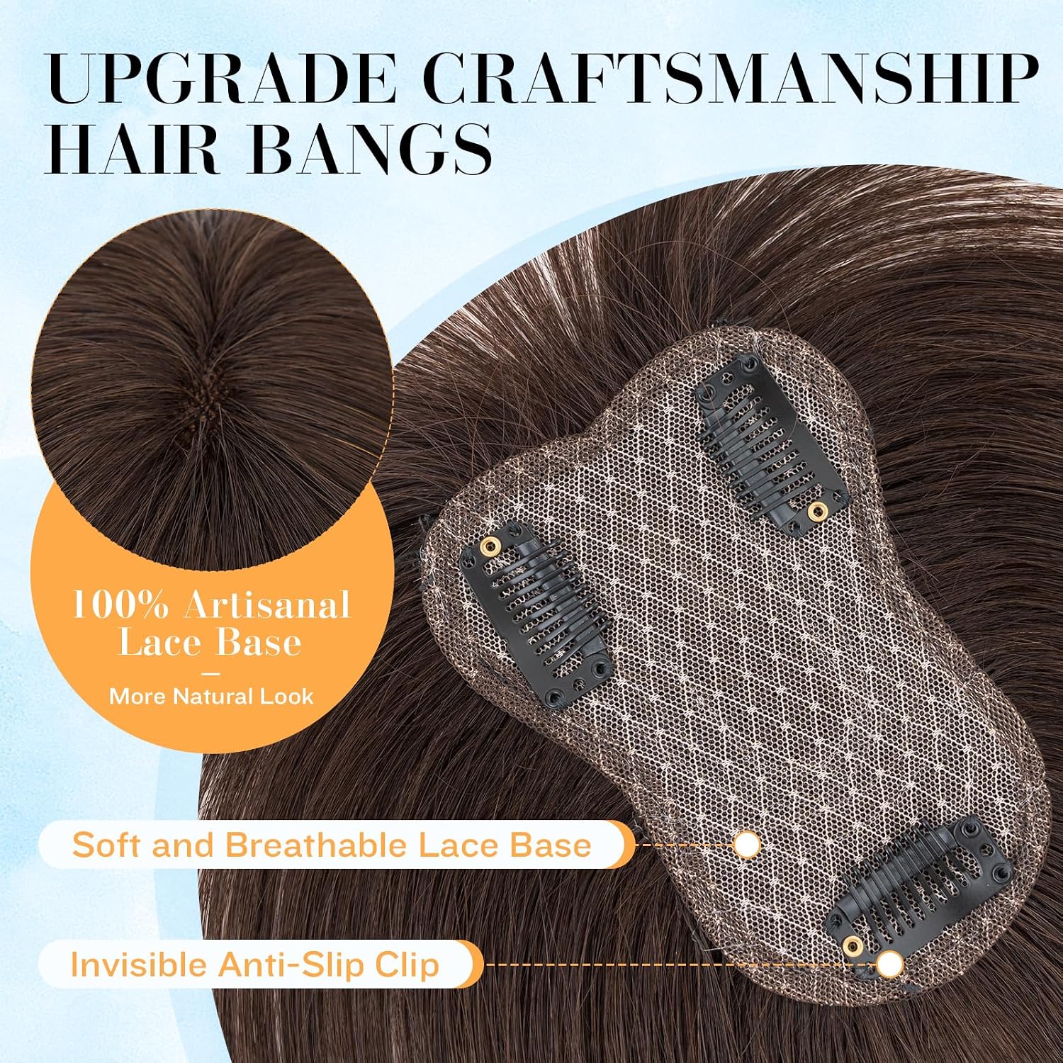 Hair Toppers for Women Real Human Hair,TESS Lightweight Air Bangs Human Hair Toppers,Clip in Bangs,Invisible 3D 360°Full Cover Clip on Bang,3.15"4.33" Lace Soft Base 10"/20g #02 Dark Brown