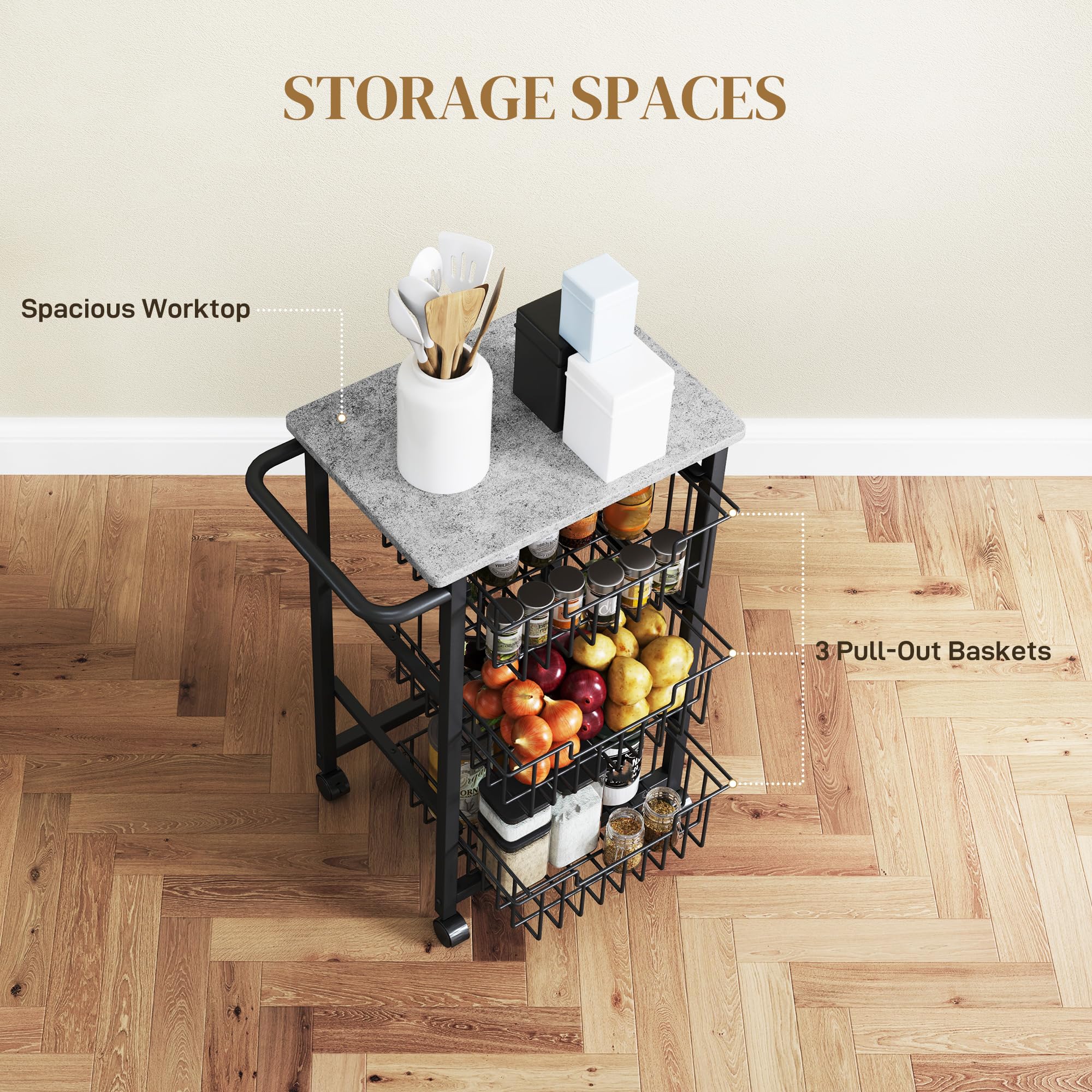 HOMCOM Carrello Cucina a 4 Ripiani, Carrellino Cucina Salvaspazio con Cestini Estraibili, Maniglia in Acciaio e Ruote a Freni, Carrello Portafrutta e Verdure, per Soggiorno Salotto, Grigio